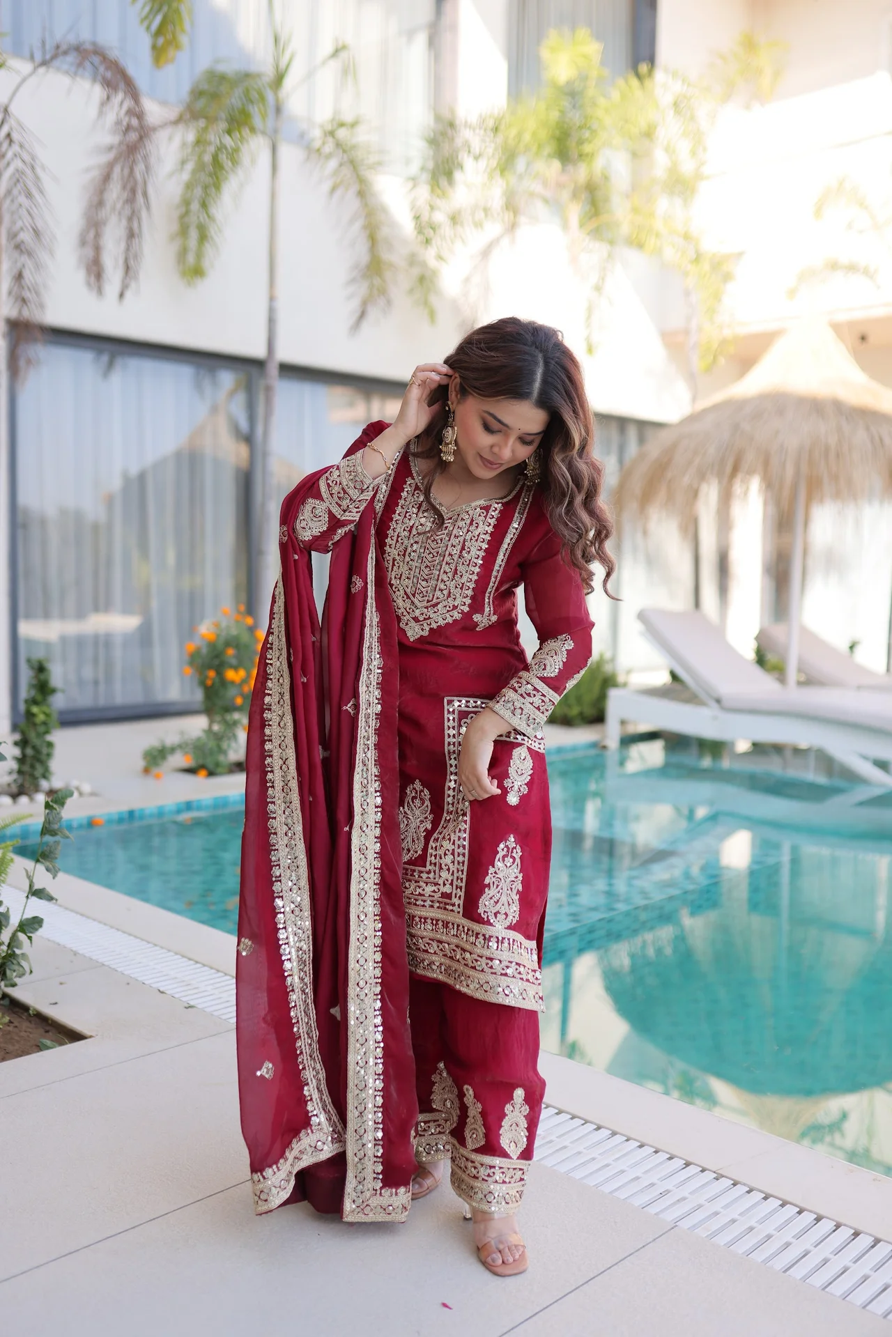 Women's Fendi Silk Embroidered Kurta Set with Pant & Dupatta in Maroon — photo 5 of 7