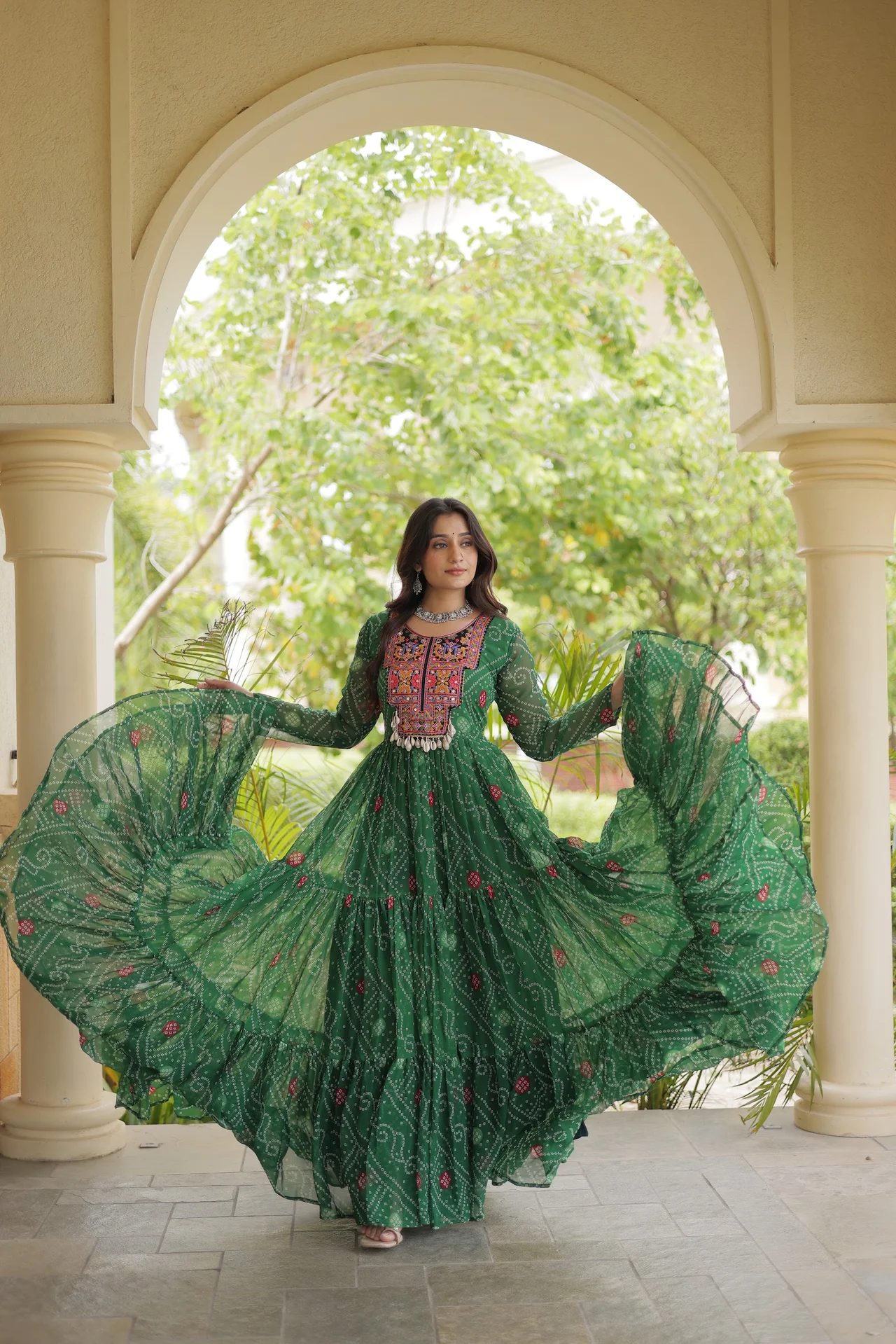 Women's Faux Georgette Bandhani Print Gown with Kutchi Patchwork in Green — photo 2 of 7