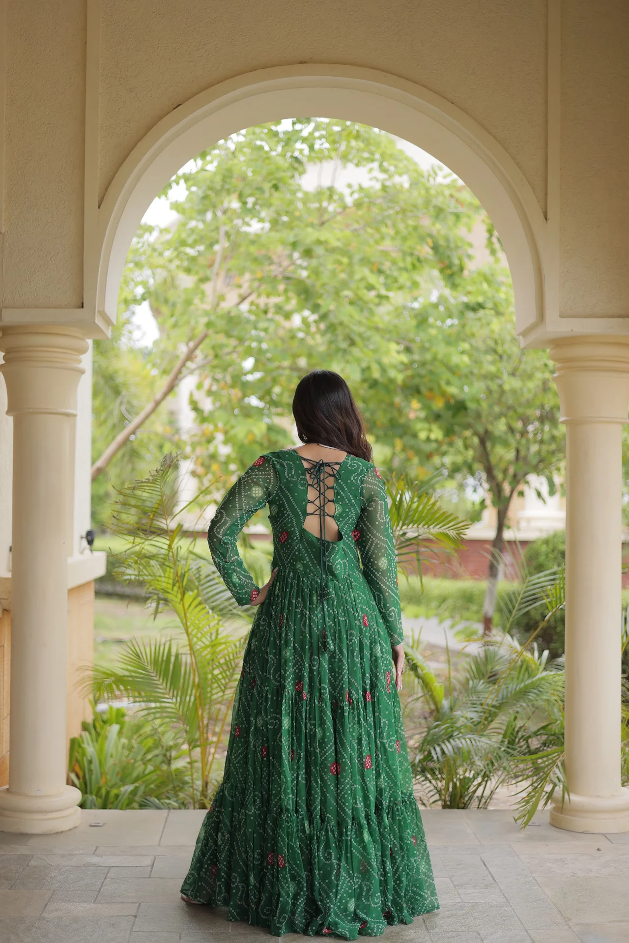 Women's Faux Georgette Bandhani Print Gown with Kutchi Patchwork in Green — photo 3 of 7
