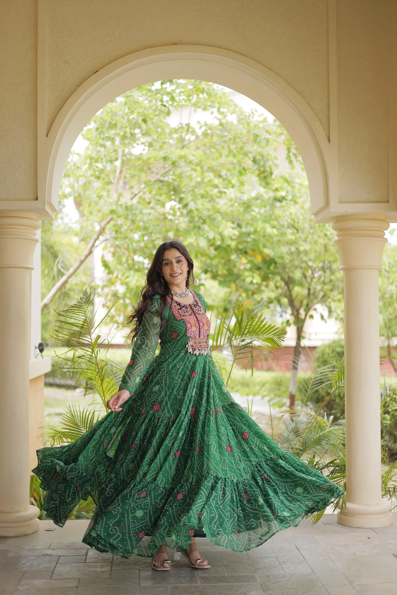 Women's Faux Georgette Bandhani Print Gown with Kutchi Patchwork in Green — photo 4 of 7