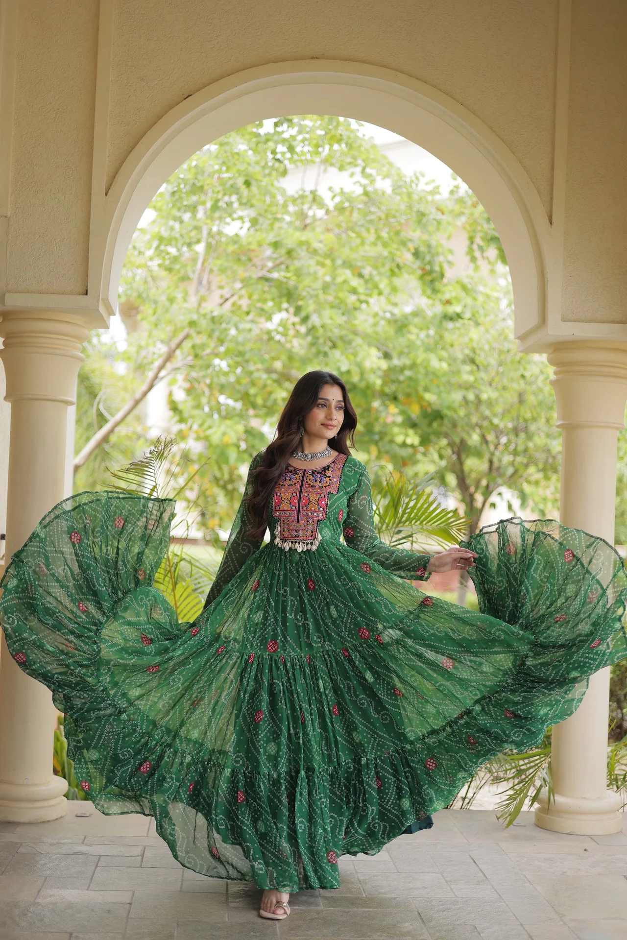 Women's Faux Georgette Bandhani Print Gown with Kutchi Patchwork in Green — photo 5 of 7
