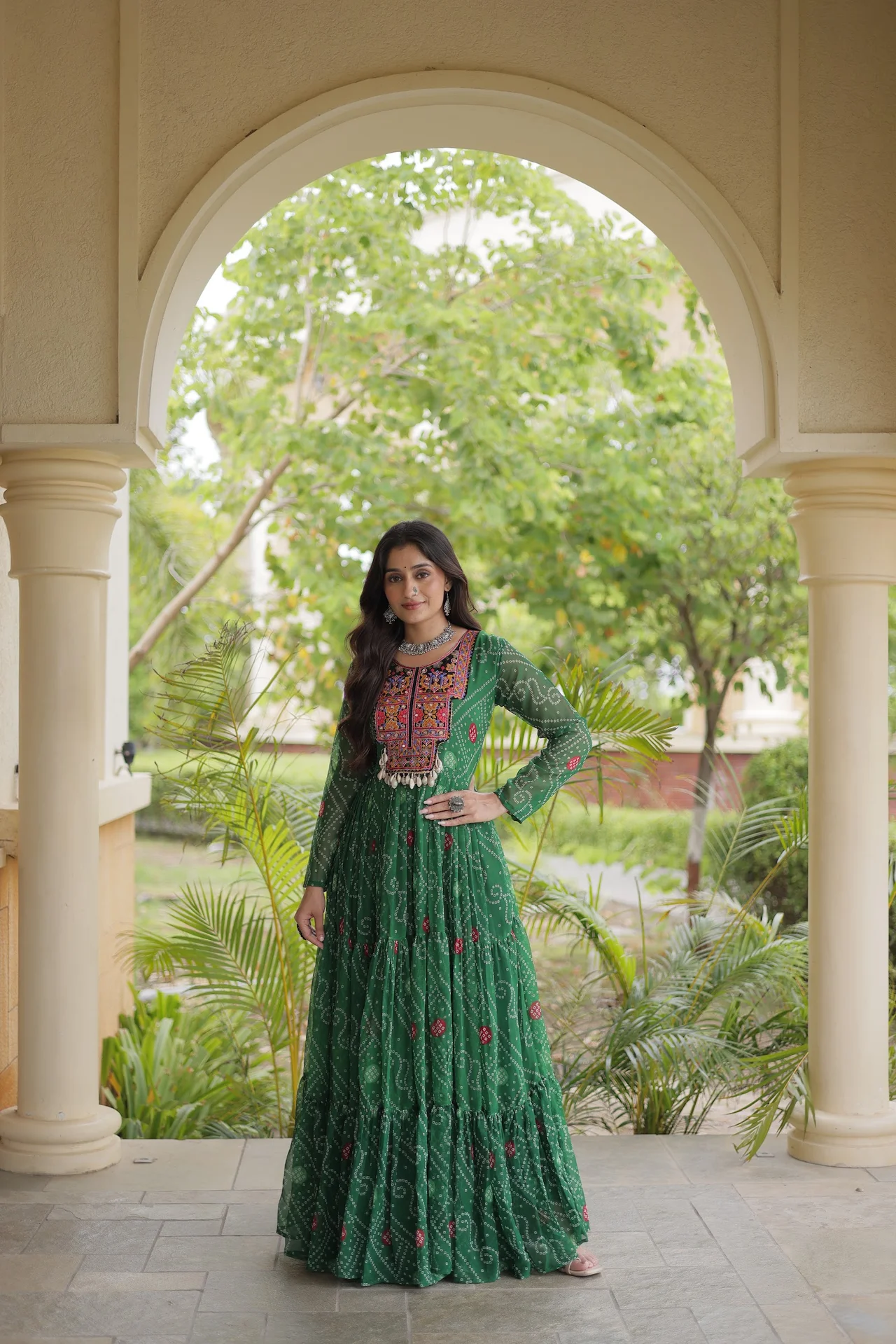 Women's Faux Georgette Bandhani Print Gown with Kutchi Patchwork in Green — photo 6 of 7