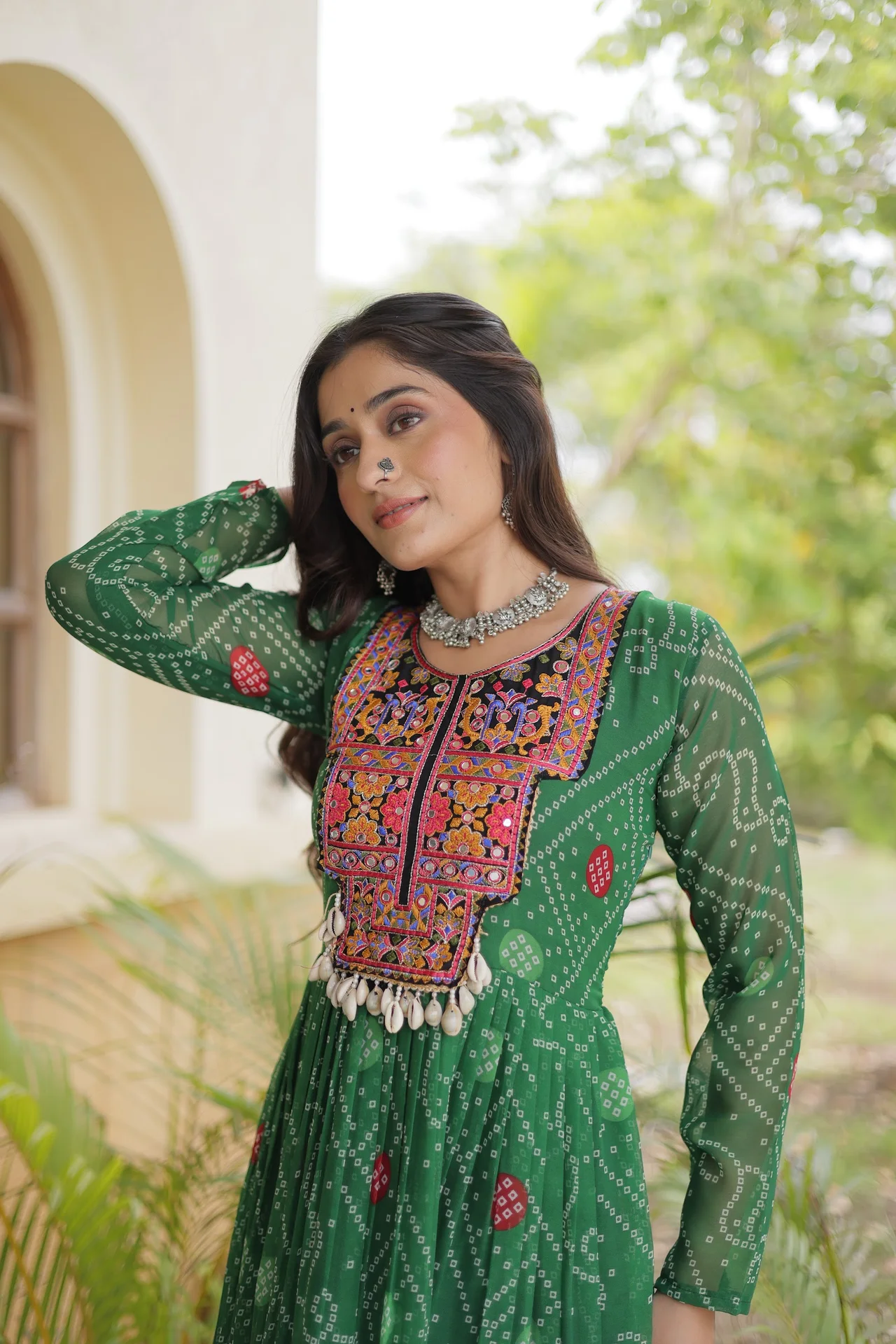 Women's Faux Georgette Bandhani Print Gown with Kutchi Patchwork in Green — photo 7 of 7