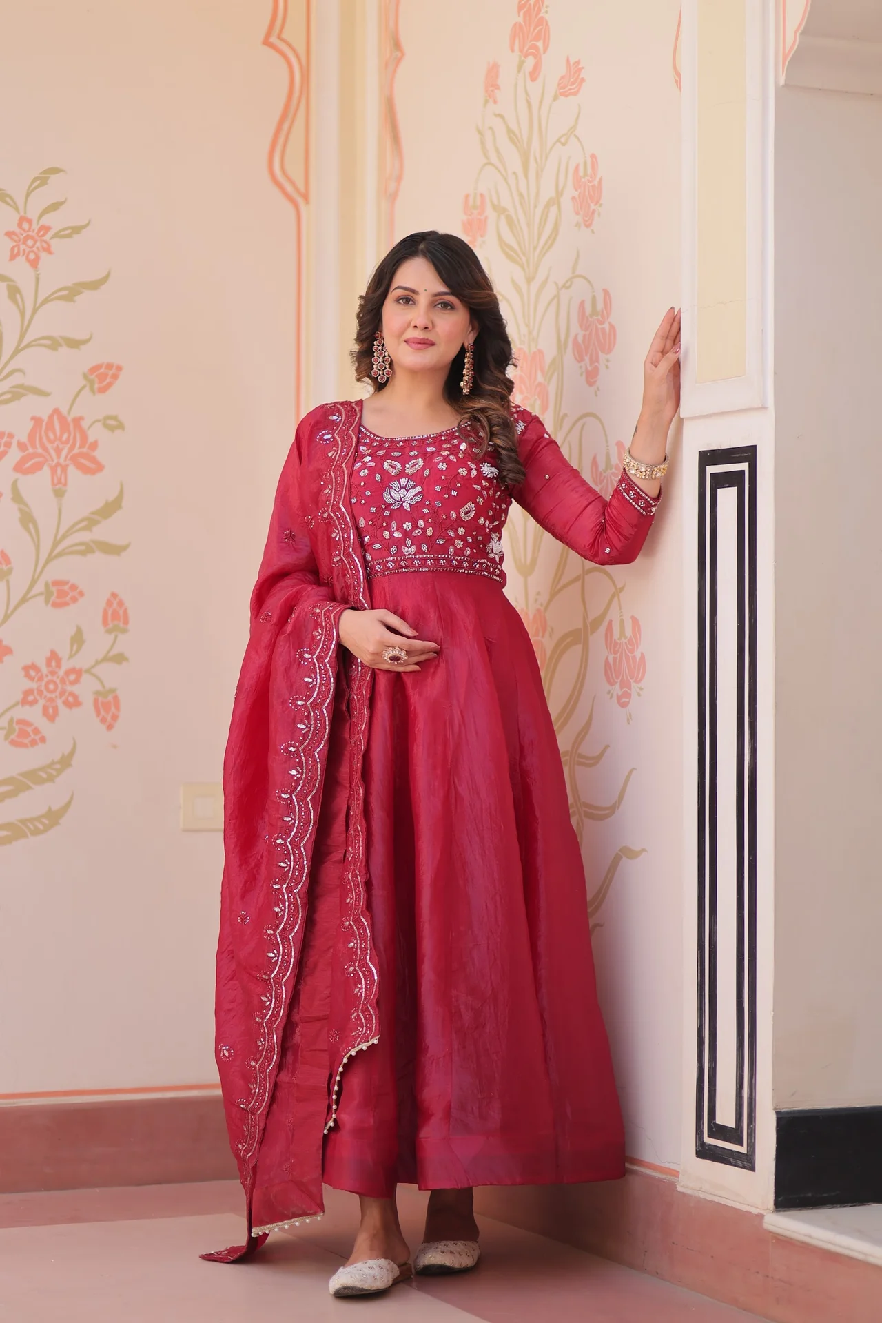 Women's Crush Fabric Anarkali Gown with Dupatta in Maroon — photo 2 of 6