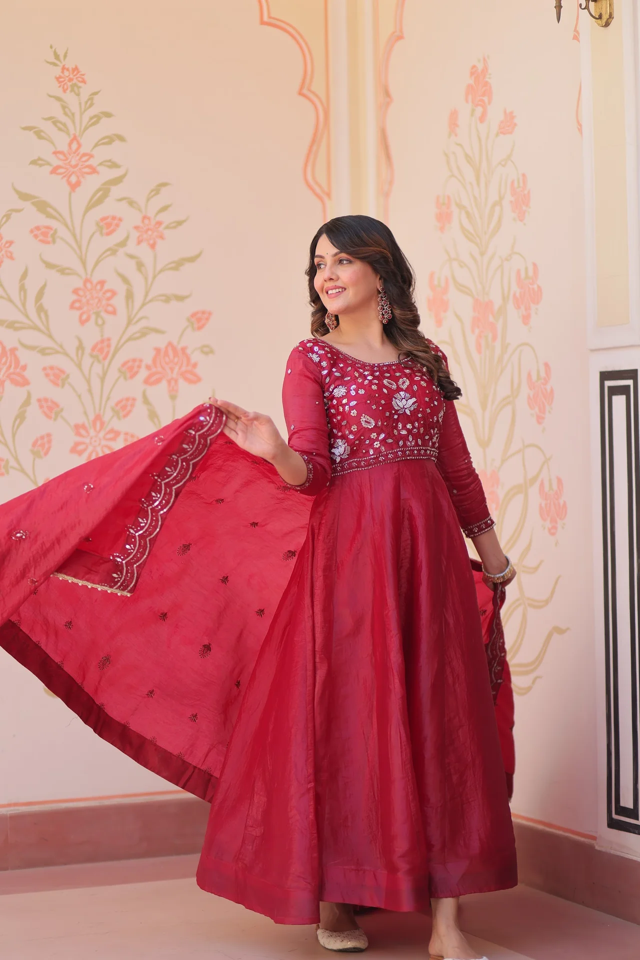 Women's Crush Fabric Anarkali Gown with Dupatta in Maroon — photo 3 of 6