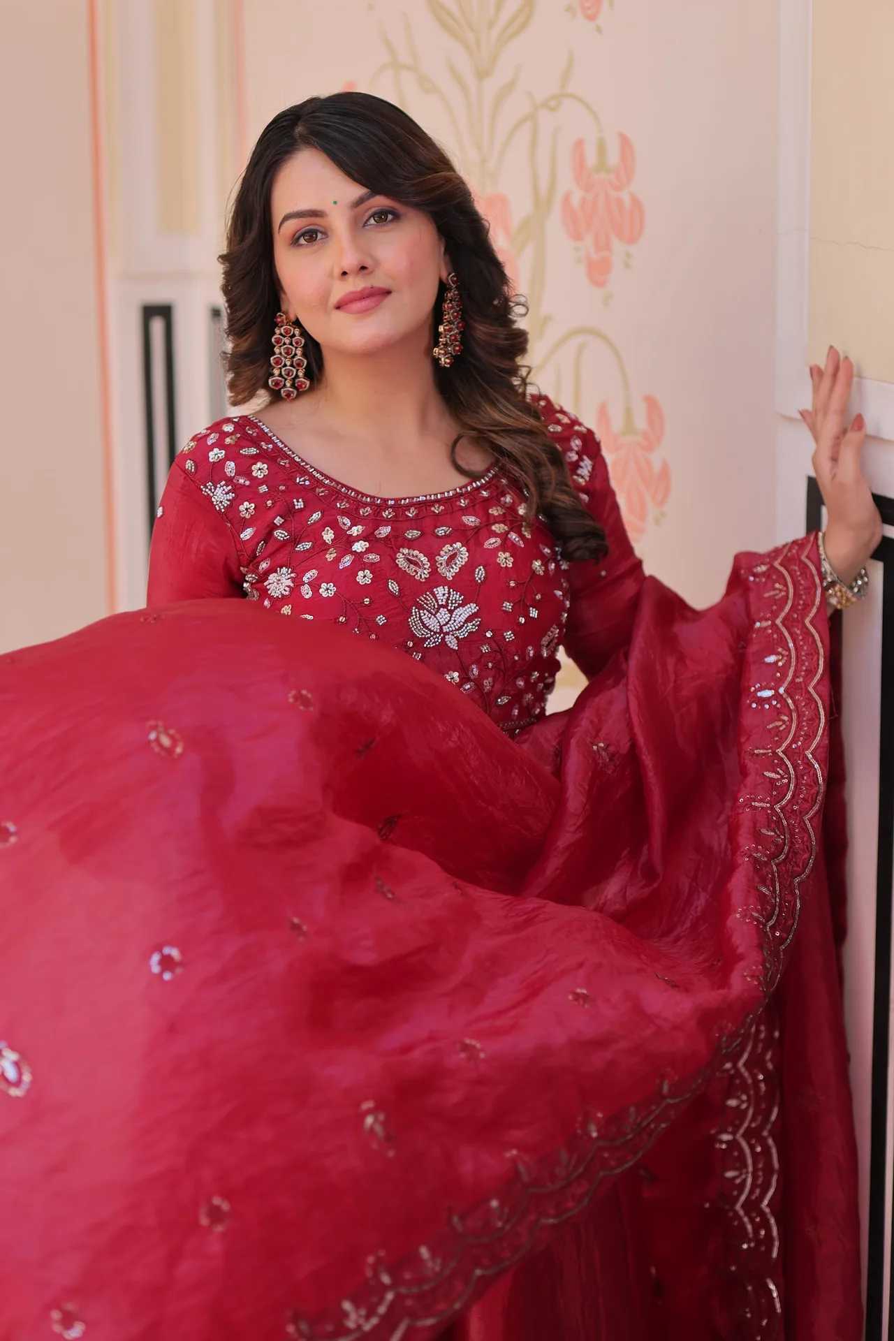 Women's Crush Fabric Anarkali Gown with Dupatta in Maroon — photo 4 of 6