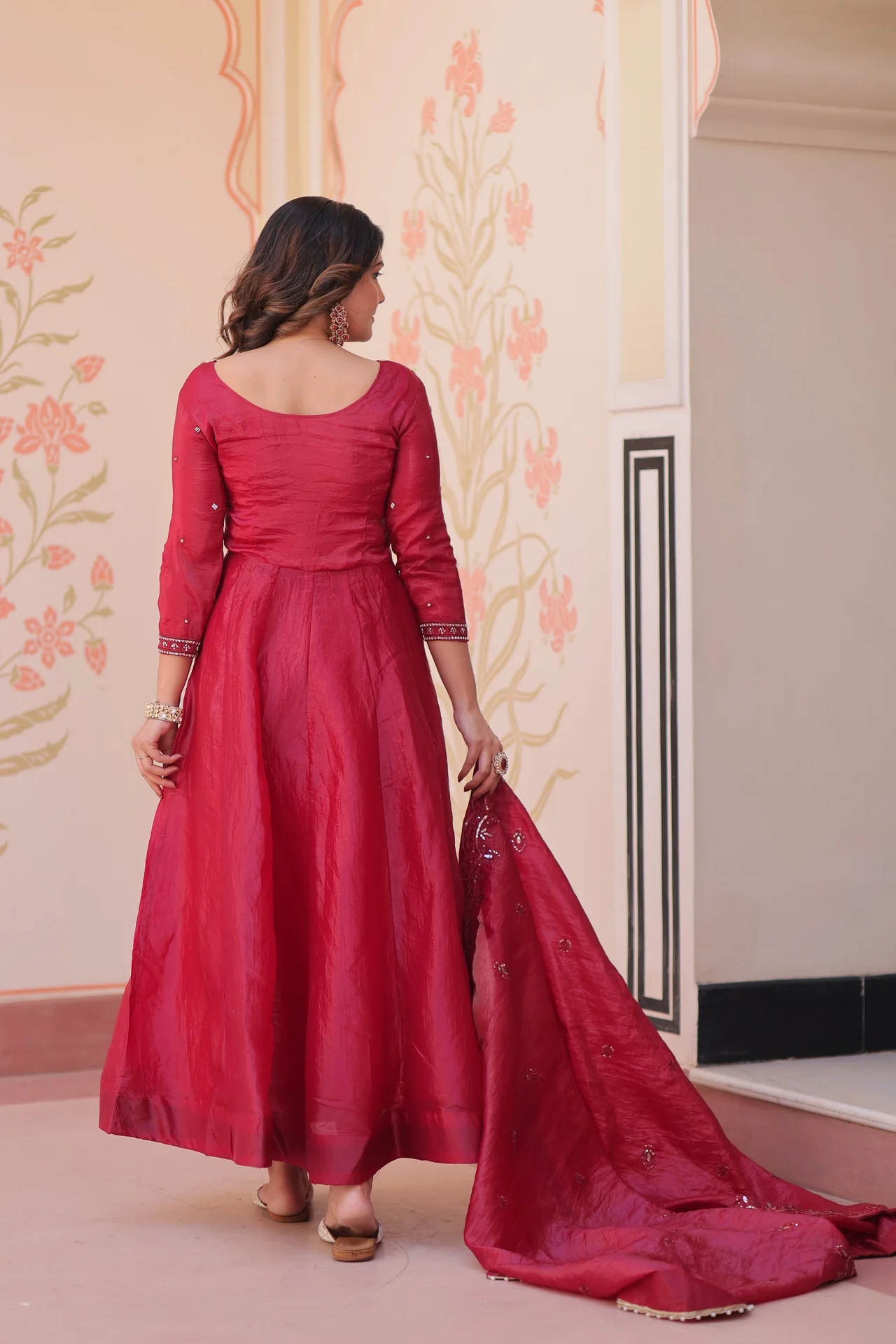 Women's Crush Fabric Anarkali Gown with Dupatta in Maroon — photo 5 of 6