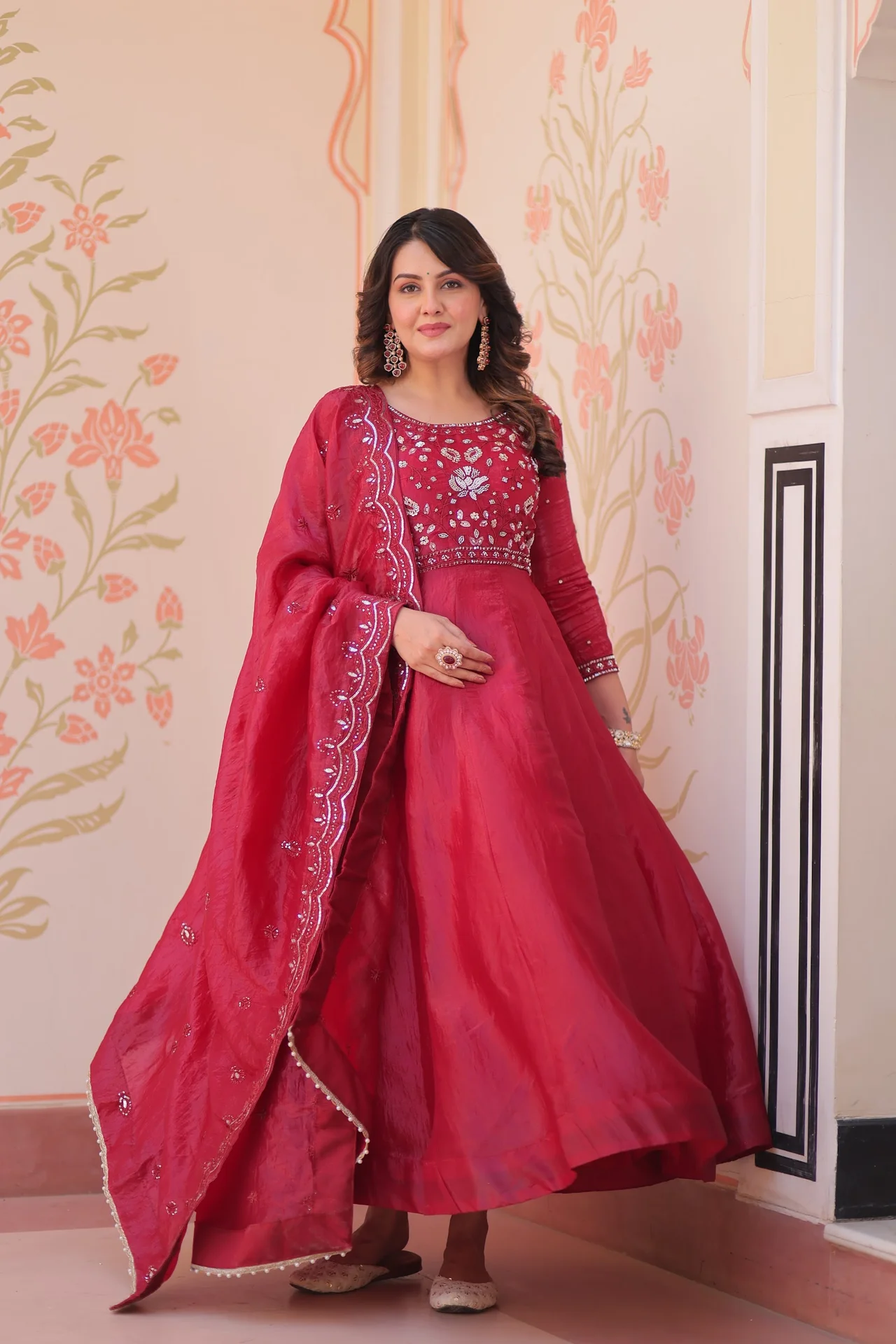 Women's Crush Fabric Anarkali Gown with Dupatta in Maroon — photo 6 of 6