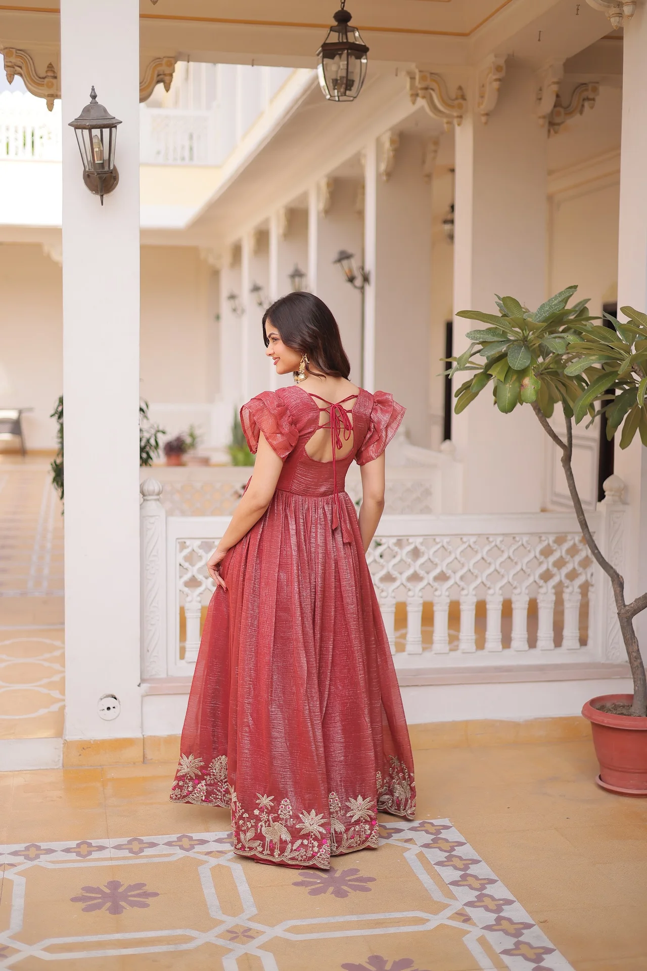 Women's Crunchy Fabric Embroidered Gown with Cotton Lining in Rust — photo 2 of 5