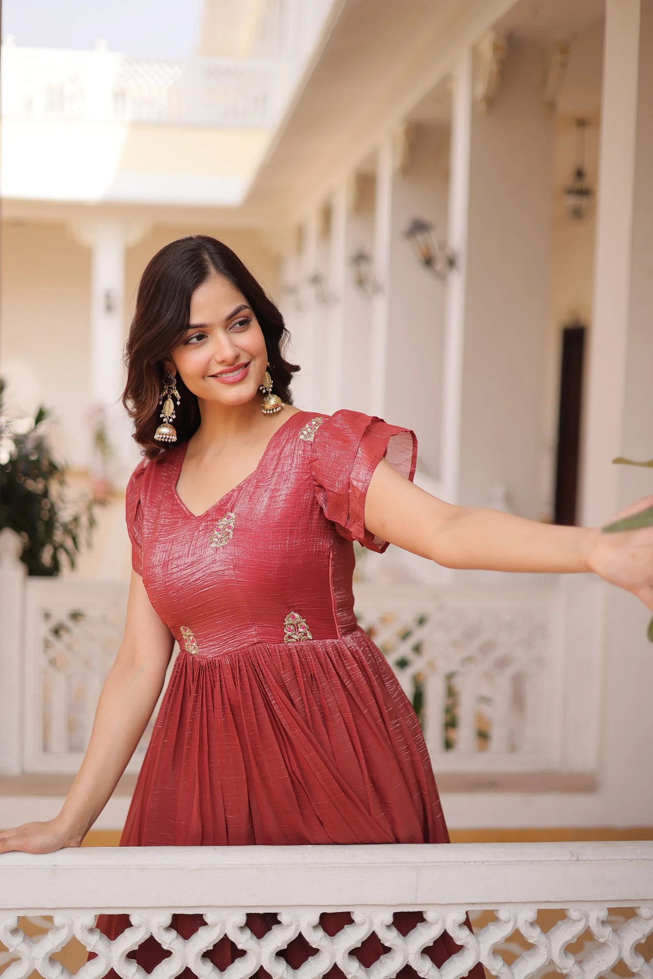 Women's Crunchy Fabric Embroidered Gown with Cotton Lining in Rust — photo 3 of 5
