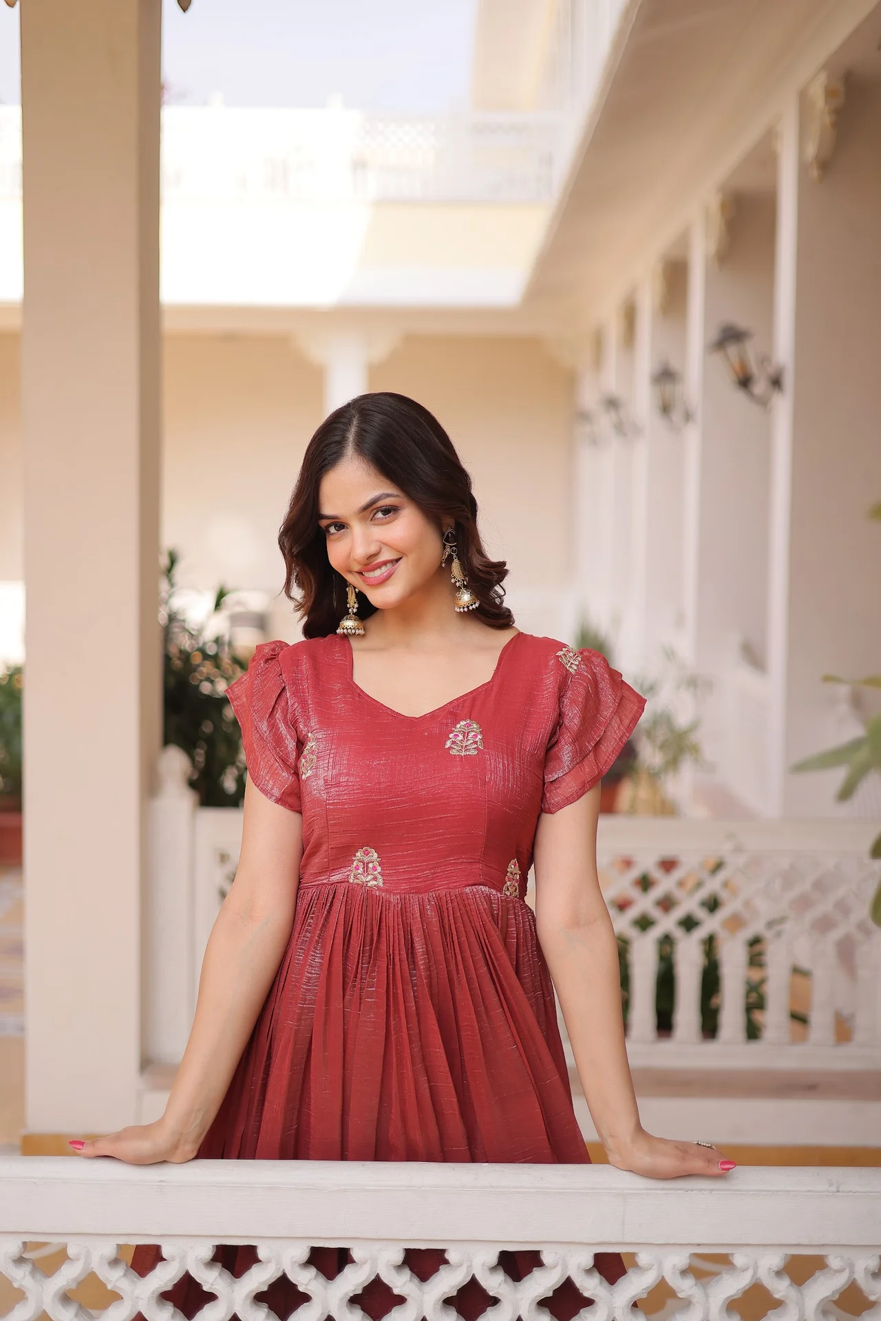 Women's Crunchy Fabric Embroidered Gown with Cotton Lining in Rust — photo 4 of 5