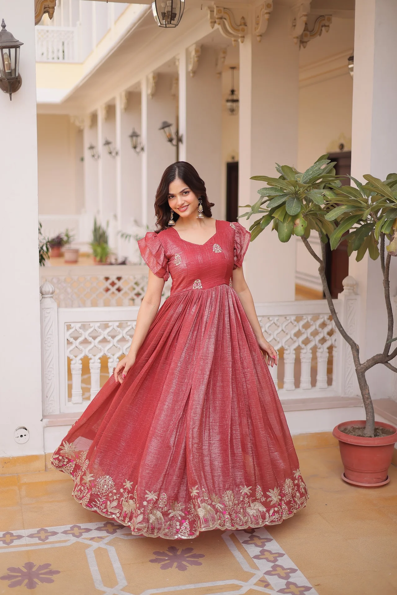 Women's Crunchy Fabric Embroidered Gown with Cotton Lining in Rust — photo 5 of 5