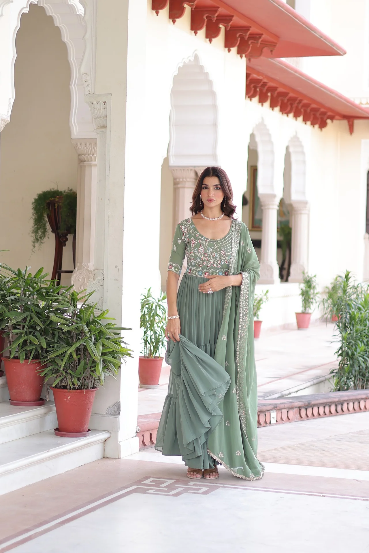 Women's Faux Georgette Embroidered Gown with Dupatta in Sage Green — photo 2 of 7