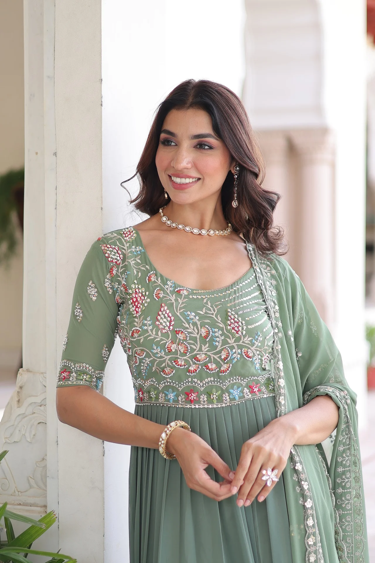 Women's Faux Georgette Embroidered Gown with Dupatta in Sage Green — photo 3 of 7