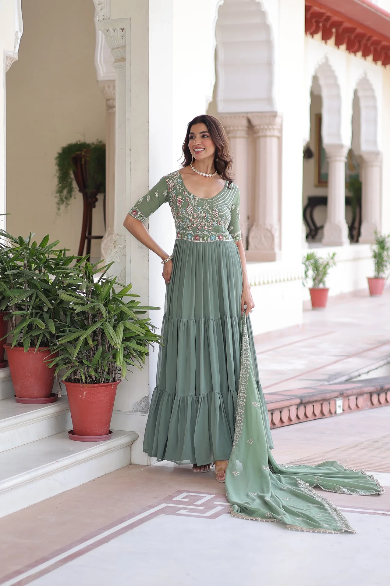 Women's Faux Georgette Embroidered Gown with Dupatta in Sage Green — photo 4 of 7