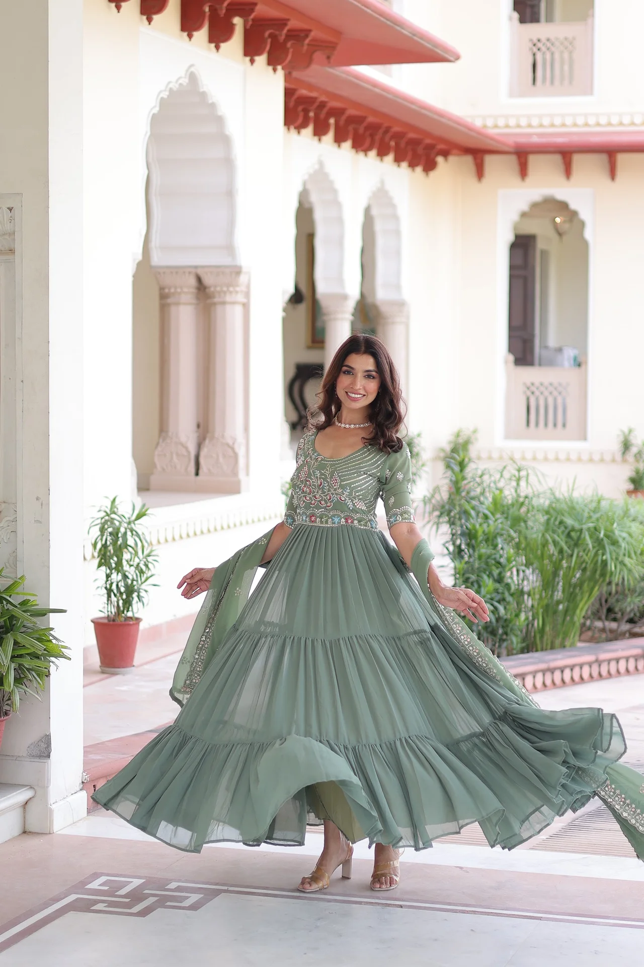 Women's Faux Georgette Embroidered Gown with Dupatta in Sage Green — photo 5 of 7