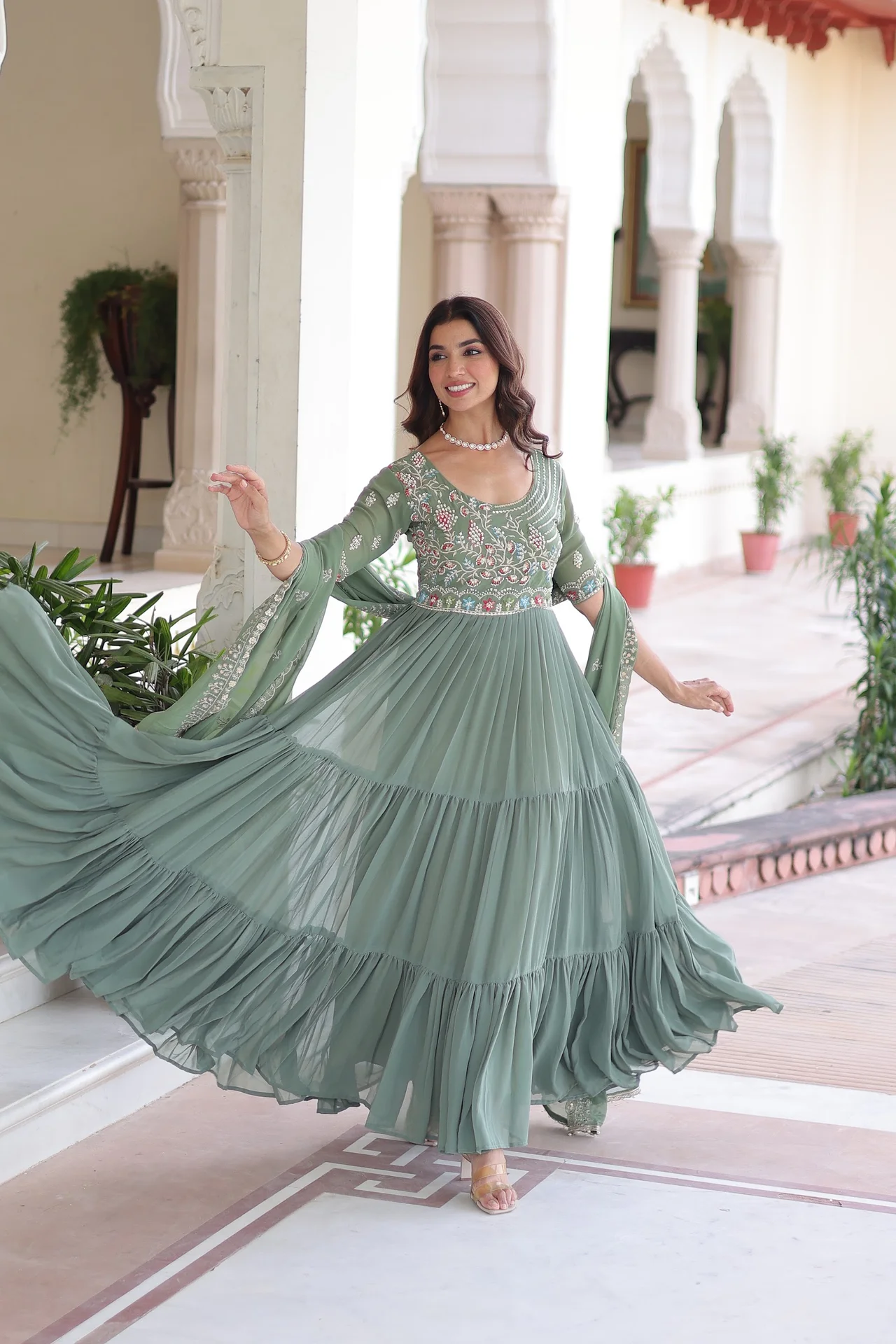 Women's Faux Georgette Embroidered Gown with Dupatta in Sage Green — photo 6 of 7