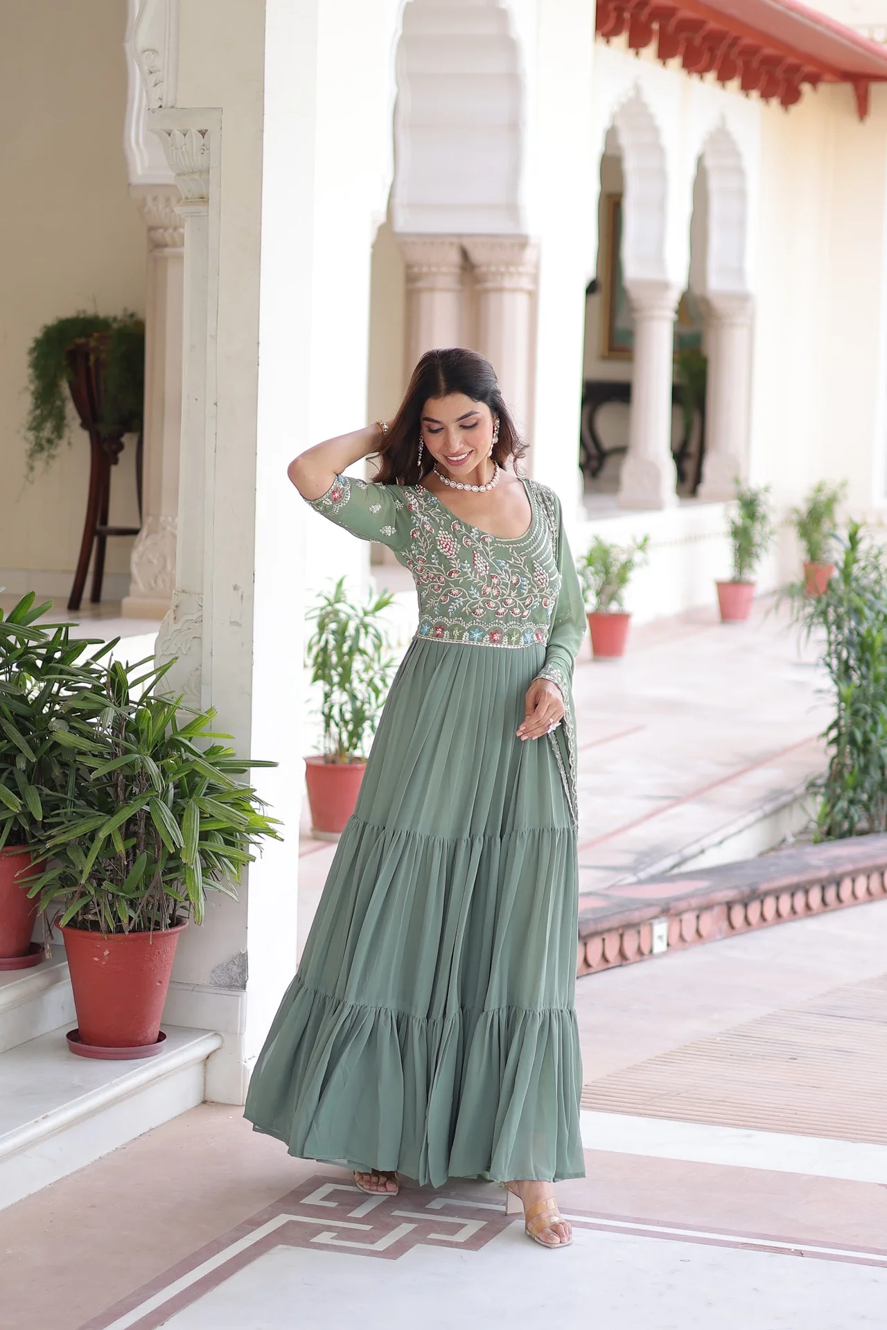 Women's Faux Georgette Embroidered Gown with Dupatta in Sage Green — photo 7 of 7