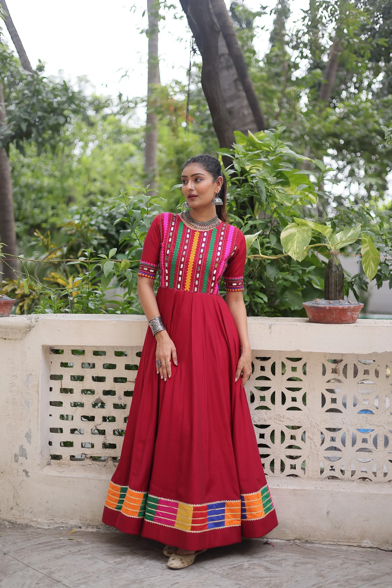 Women's Roman Fabric Gown with Mirror and Thread Work in Maroon — photo 2 of 7