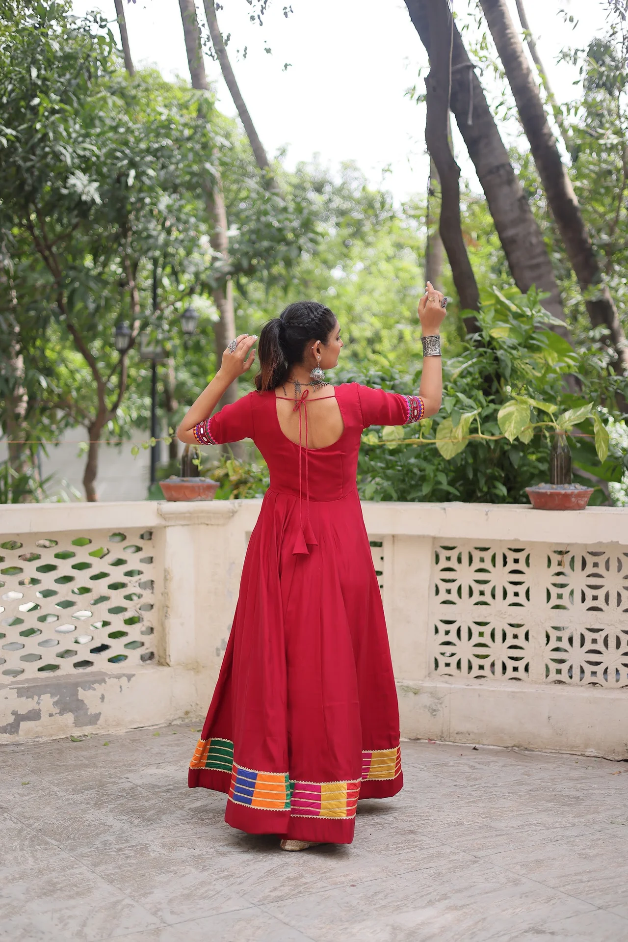 Women's Roman Fabric Gown with Mirror and Thread Work in Maroon — photo 3 of 7