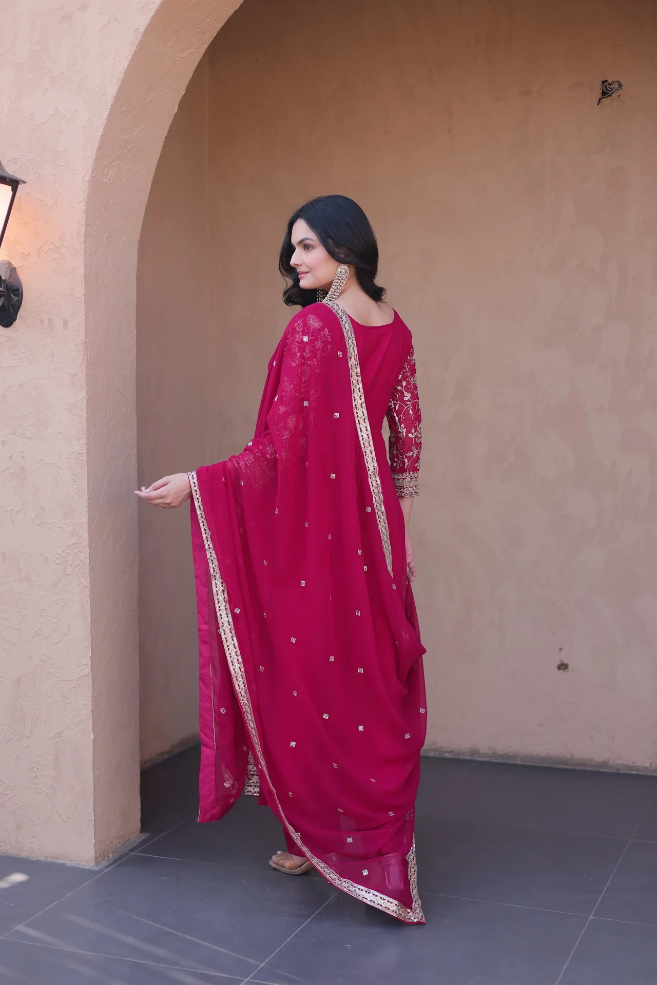 Women's Faux Blooming Anarkali Gown Set with Pant & Dupatta in Rani Pink — photo 2 of 6
