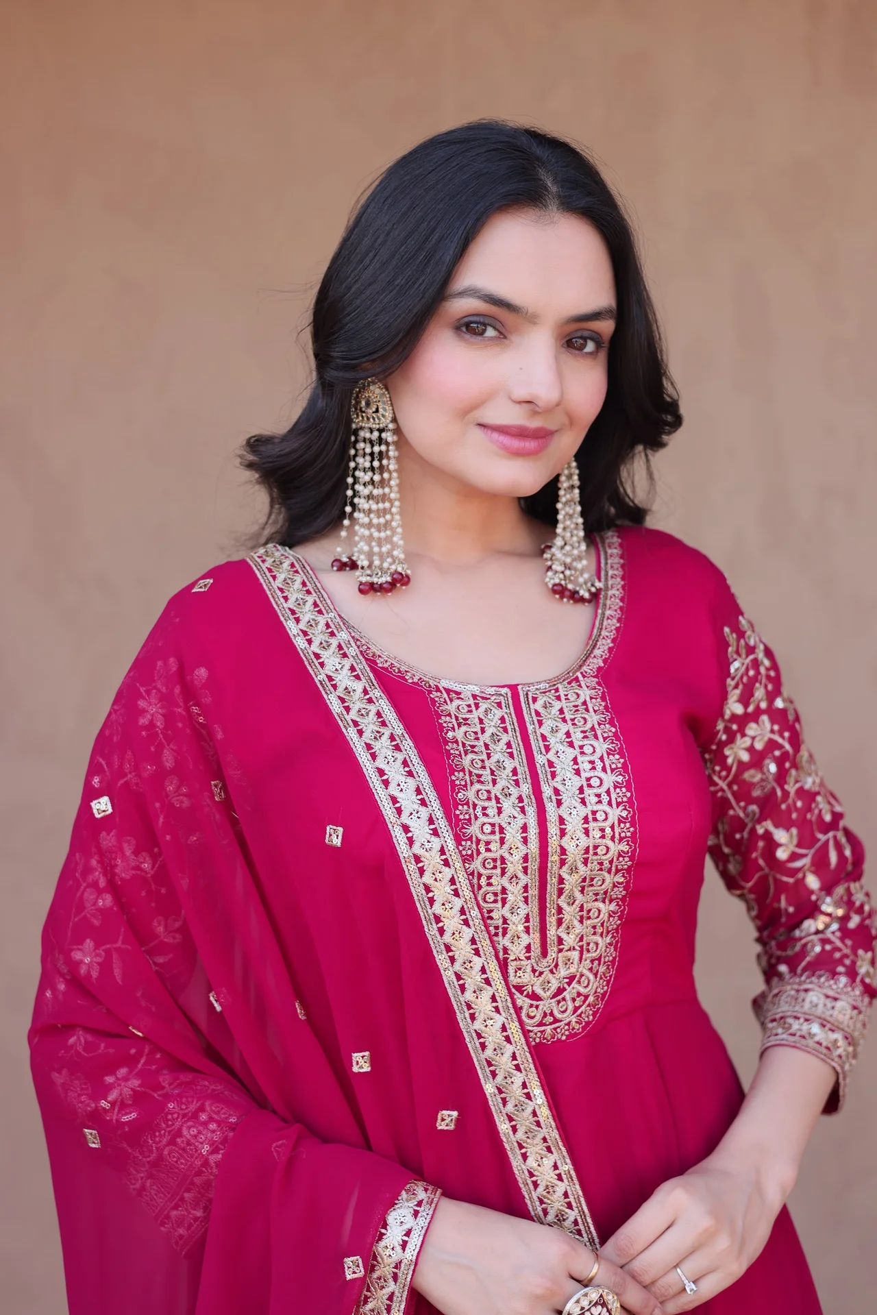 Women's Faux Blooming Anarkali Gown Set with Pant & Dupatta in Rani Pink — photo 3 of 6