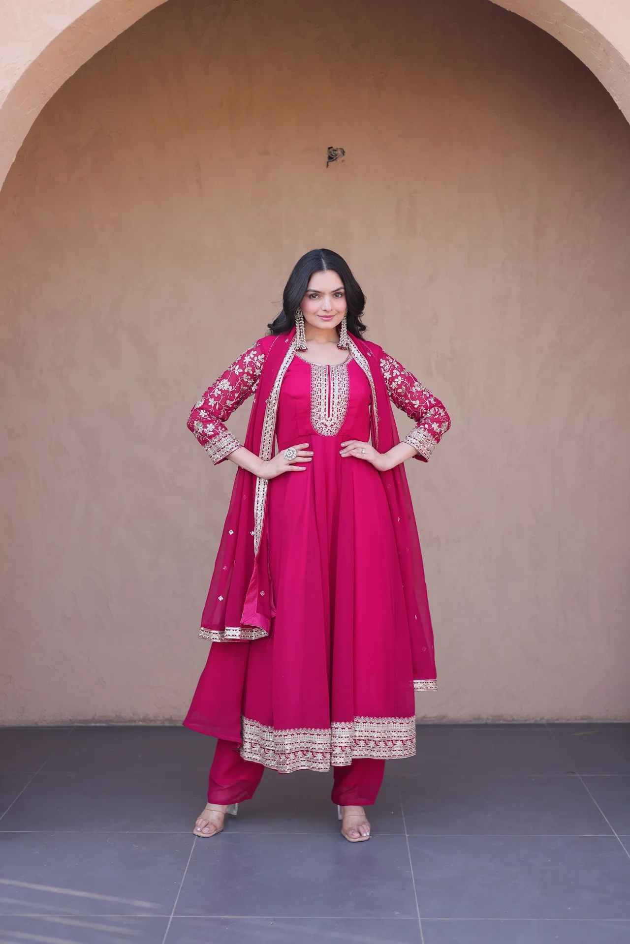 Women's Faux Blooming Anarkali Gown Set with Pant & Dupatta in Rani Pink — photo 4 of 6