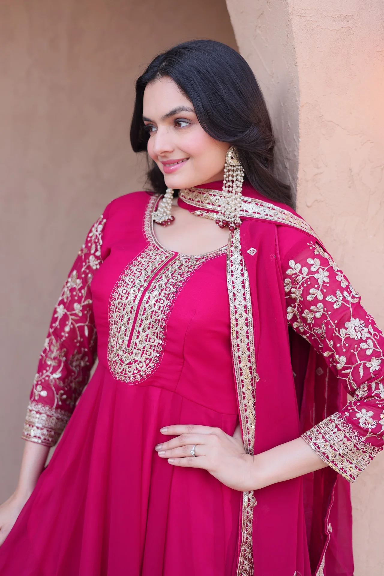 Women's Faux Blooming Anarkali Gown Set with Pant & Dupatta in Rani Pink — photo 5 of 6