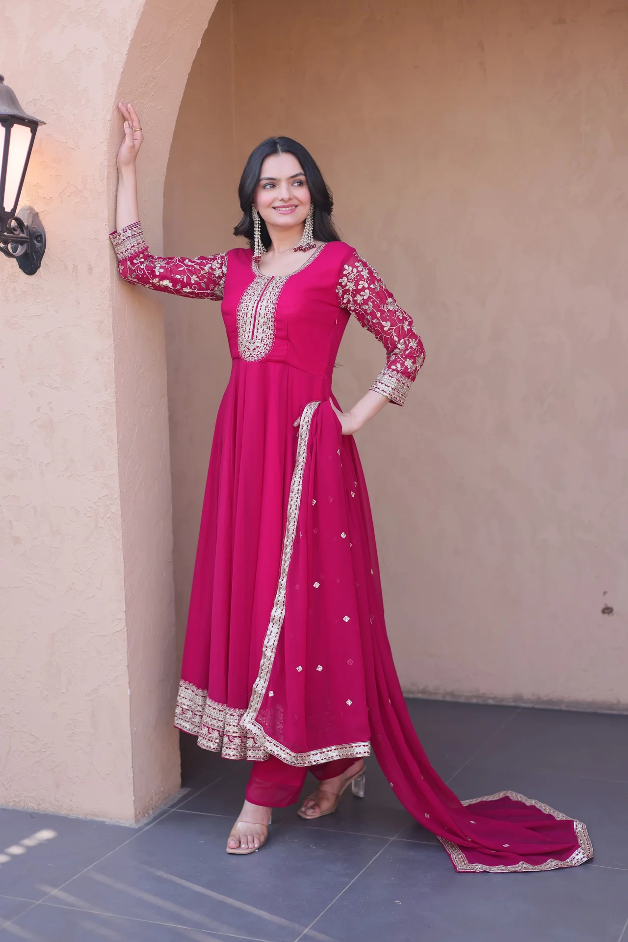 Women's Faux Blooming Anarkali Gown Set with Pant & Dupatta in Rani Pink — photo 6 of 6