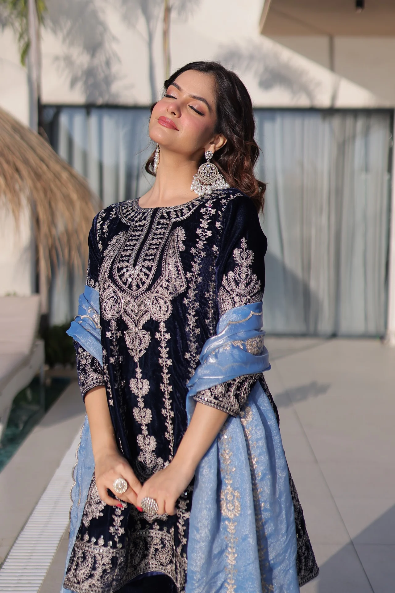 Women's Velvet Kurta Set with Pant and Dupatta in Navy — photo 2 of 6