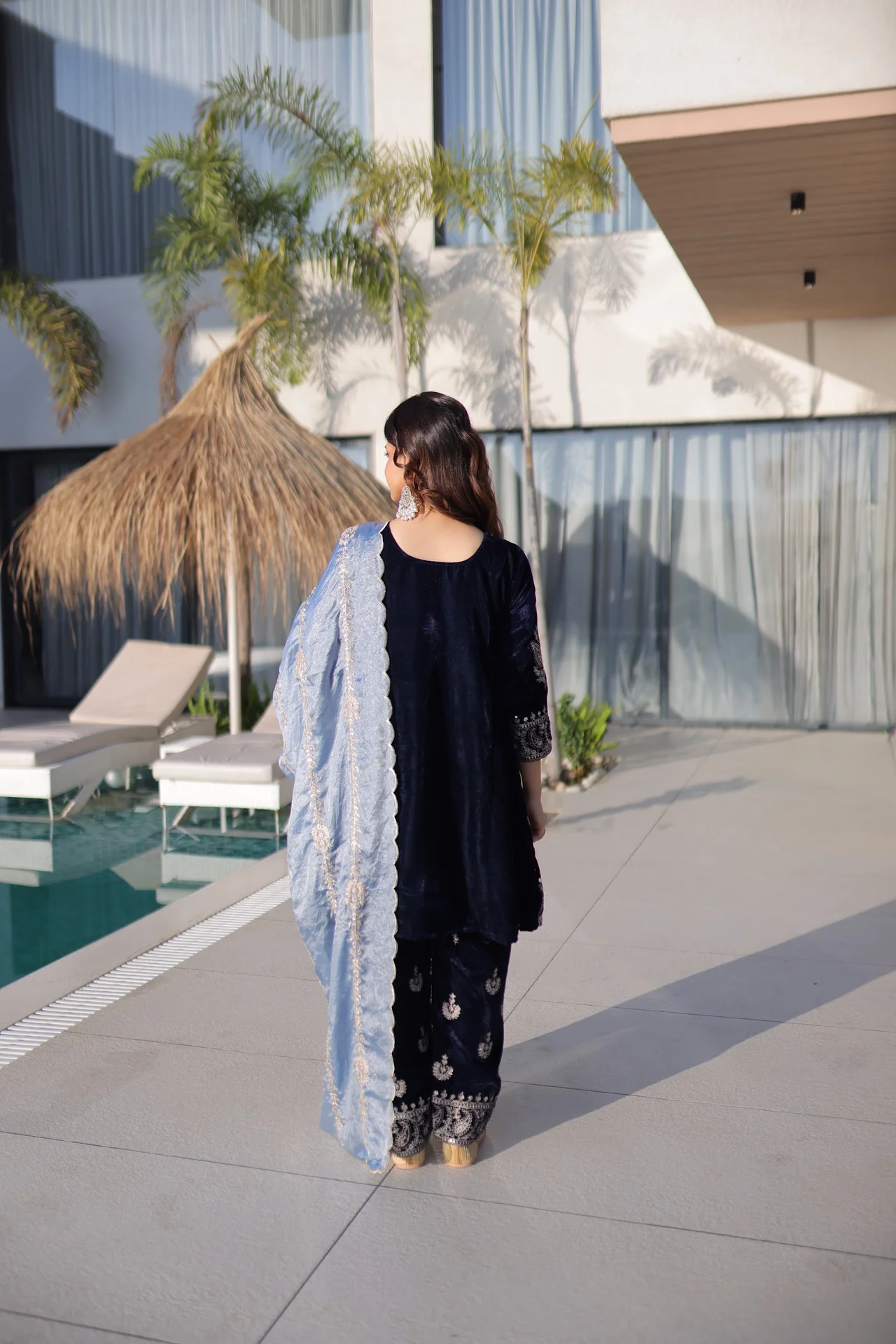 Women's Velvet Kurta Set with Pant and Dupatta in Navy — photo 3 of 6