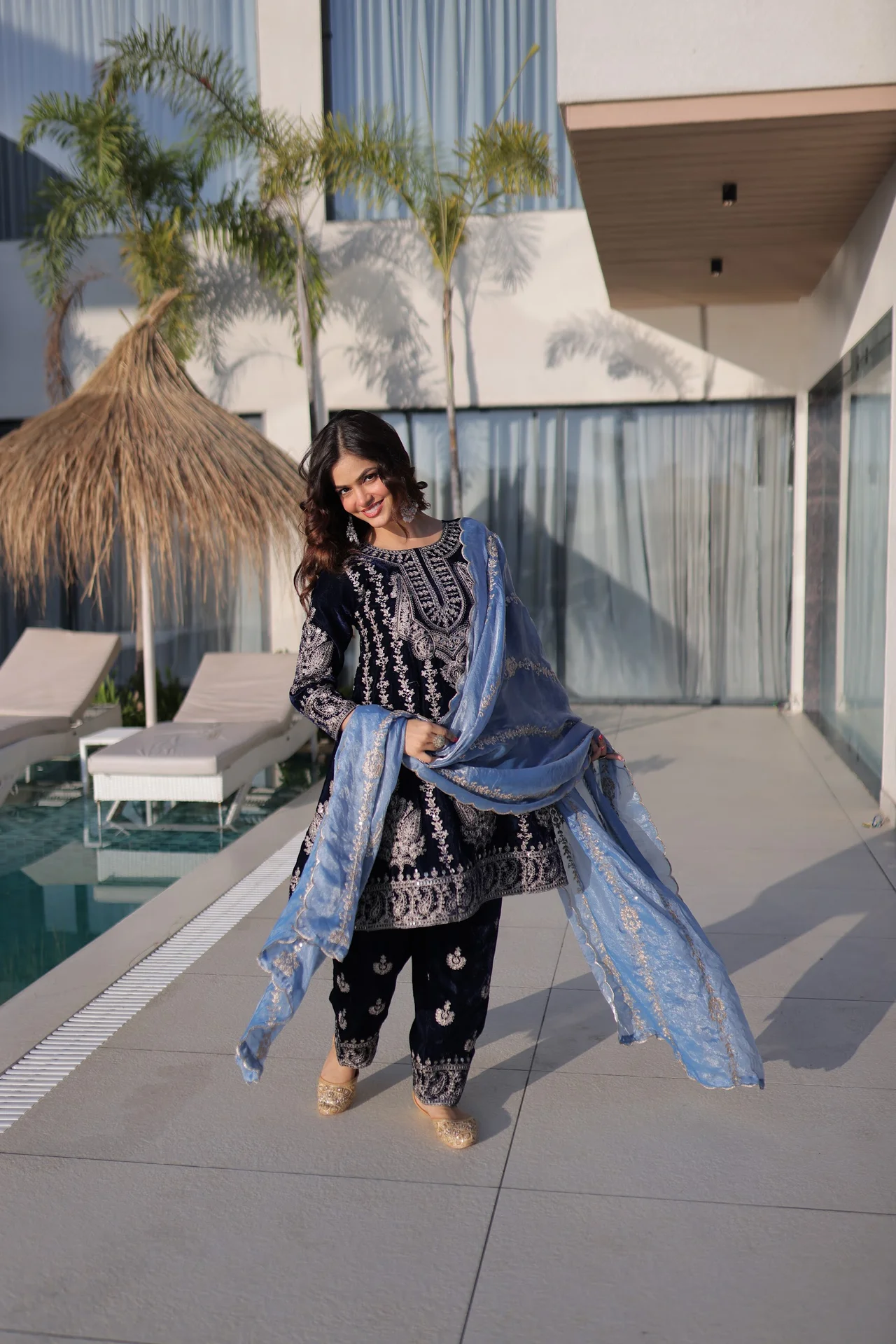 Women's Velvet Kurta Set with Pant and Dupatta in Navy — photo 6 of 6