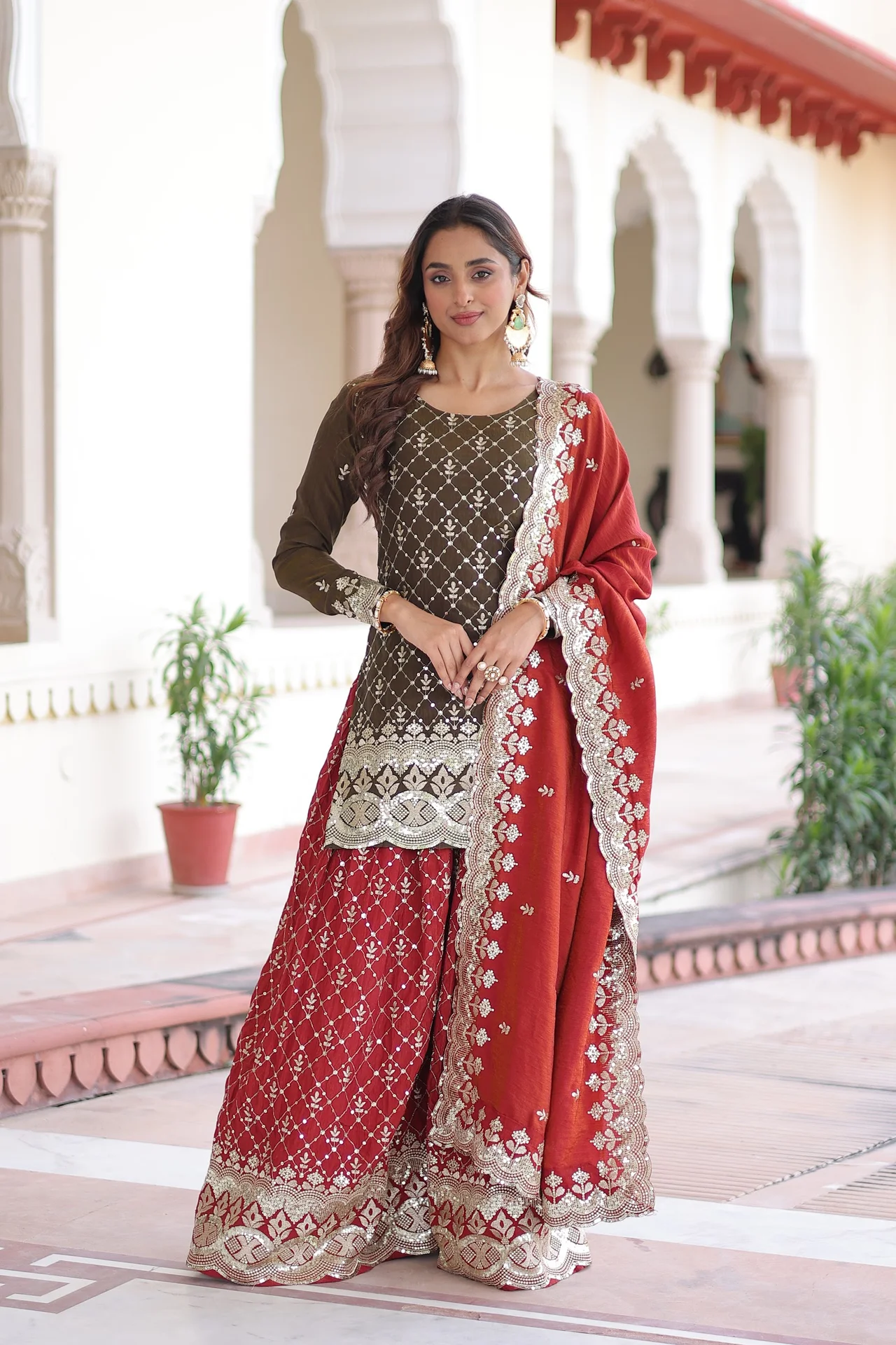 Women's Vichitra Silk Sharara Set with Top, Sharara & Dupatta in Maroon — photo 2 of 7