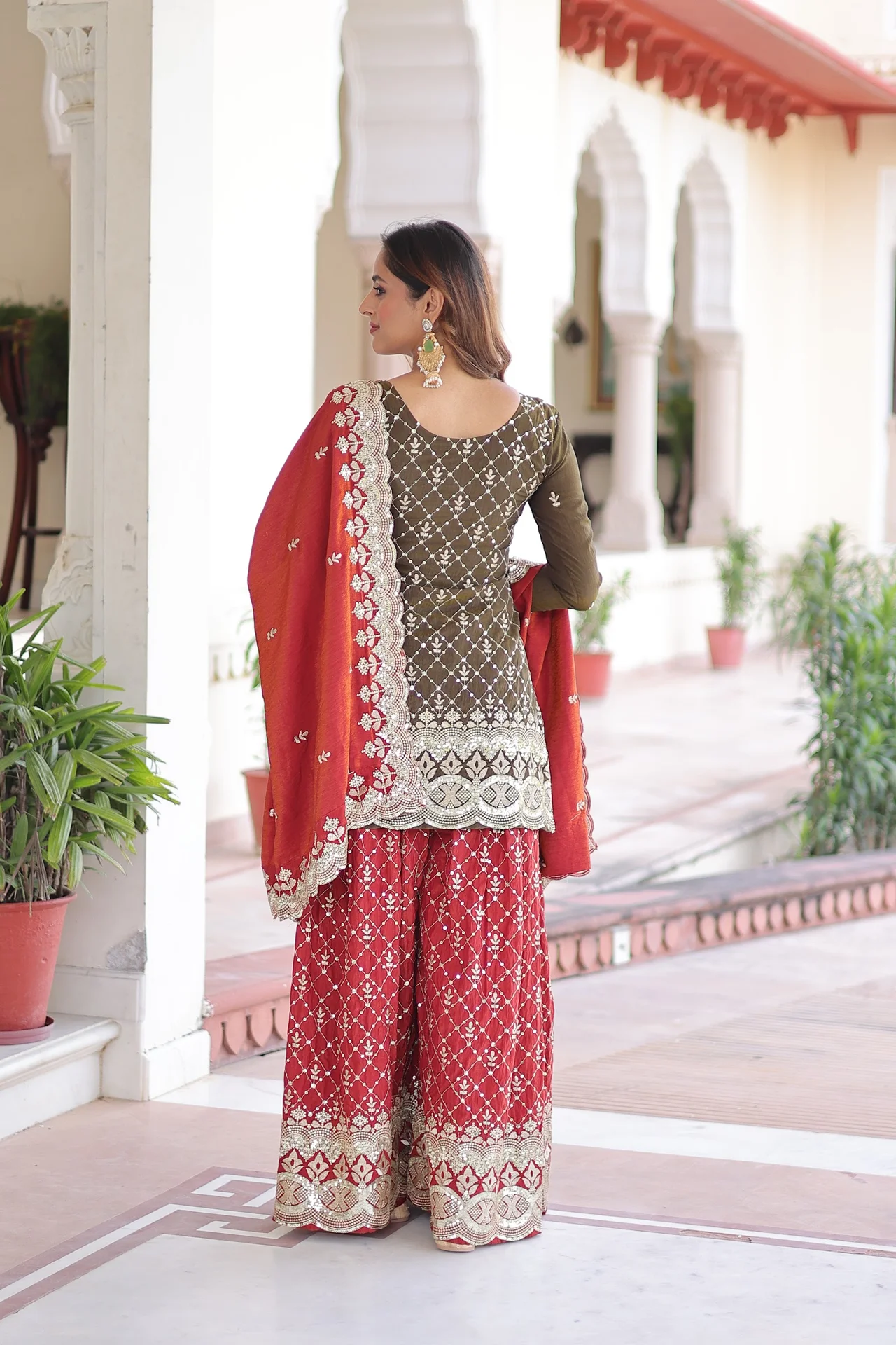 Women's Vichitra Silk Sharara Set with Top, Sharara & Dupatta in Maroon — photo 3 of 7