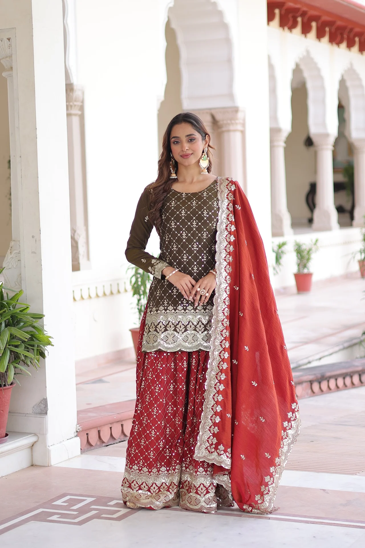Women's Vichitra Silk Sharara Set with Top, Sharara & Dupatta in Maroon — photo 4 of 7