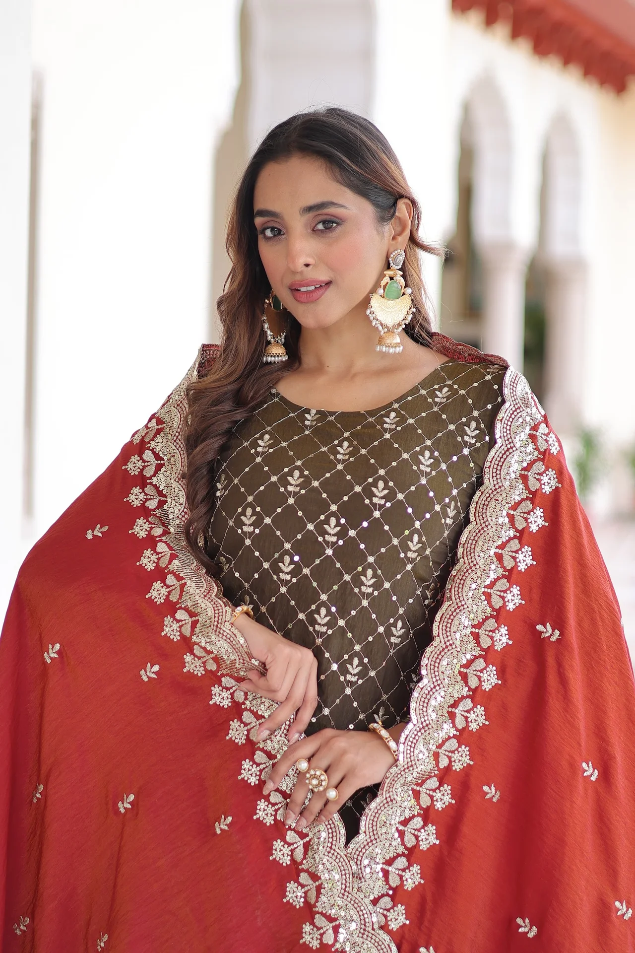 Women's Vichitra Silk Sharara Set with Top, Sharara & Dupatta in Maroon — photo 5 of 7