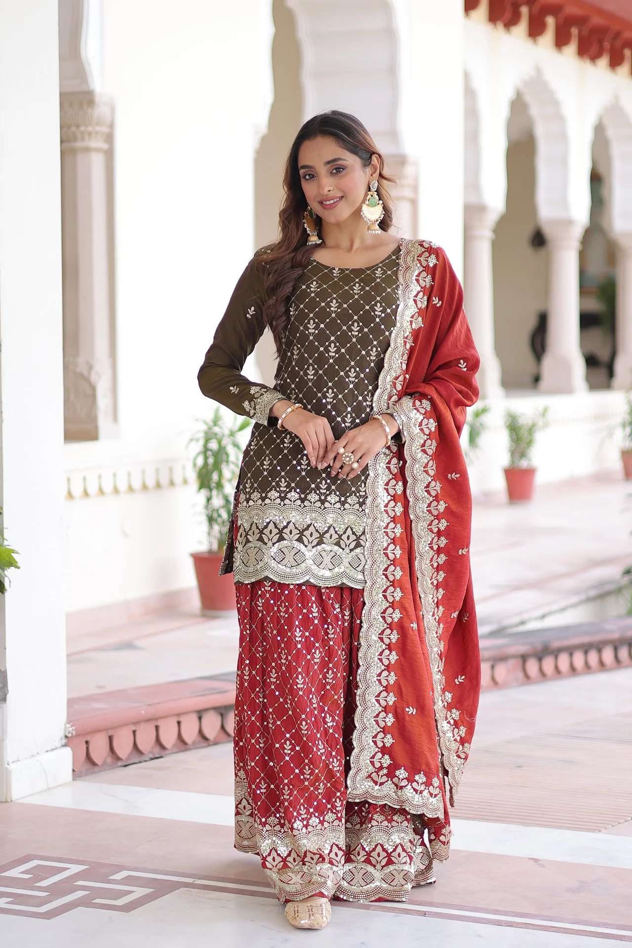 Women's Vichitra Silk Sharara Set with Top, Sharara & Dupatta in Maroon — photo 6 of 7