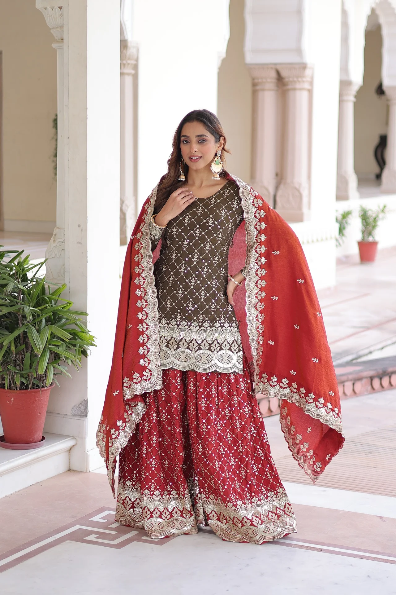 Women's Vichitra Silk Sharara Set with Top, Sharara & Dupatta in Maroon — photo 7 of 7