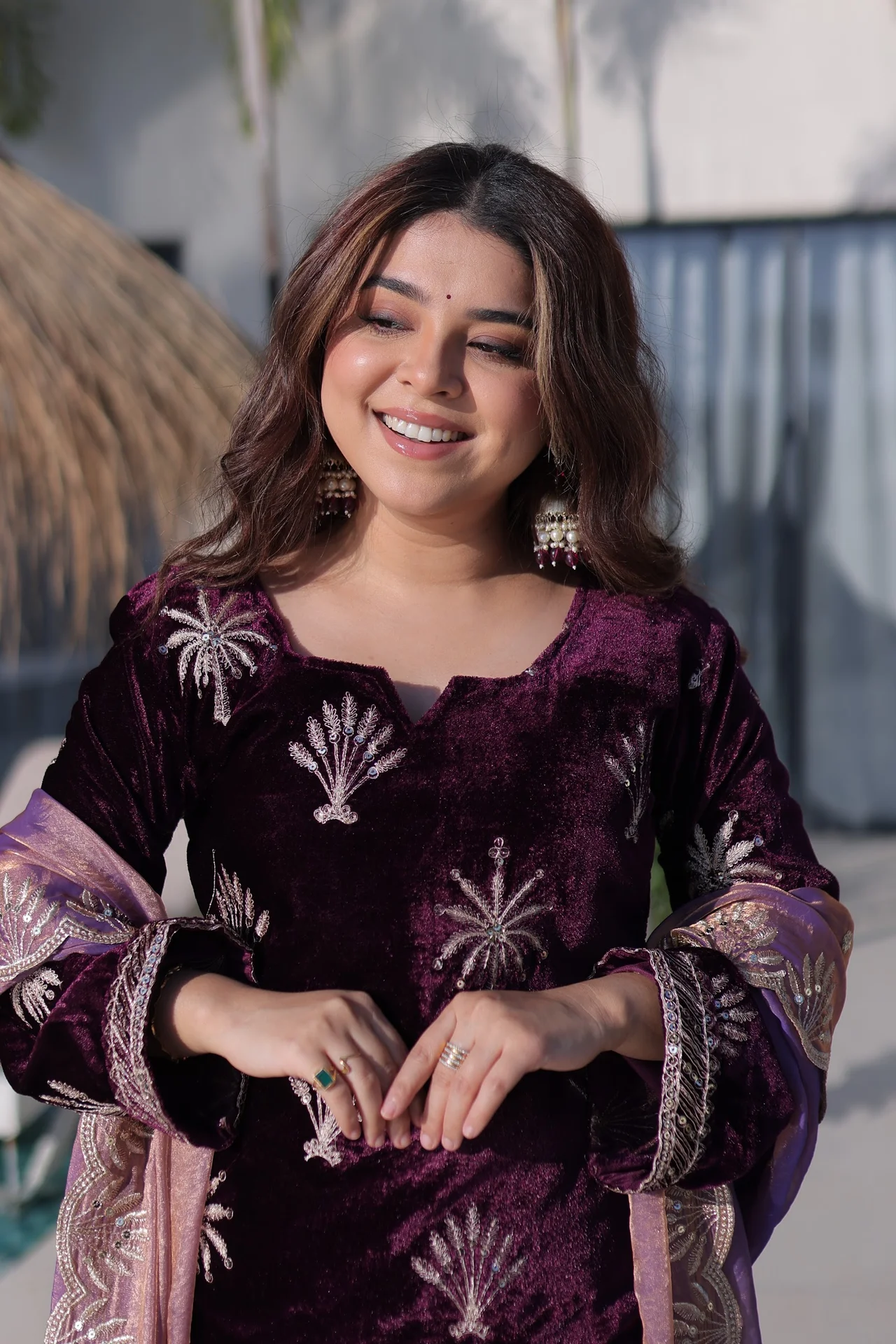 Women's Ice Velvet Kurta Set with Palazzo and Dupatta in Purple — photo 2 of 6