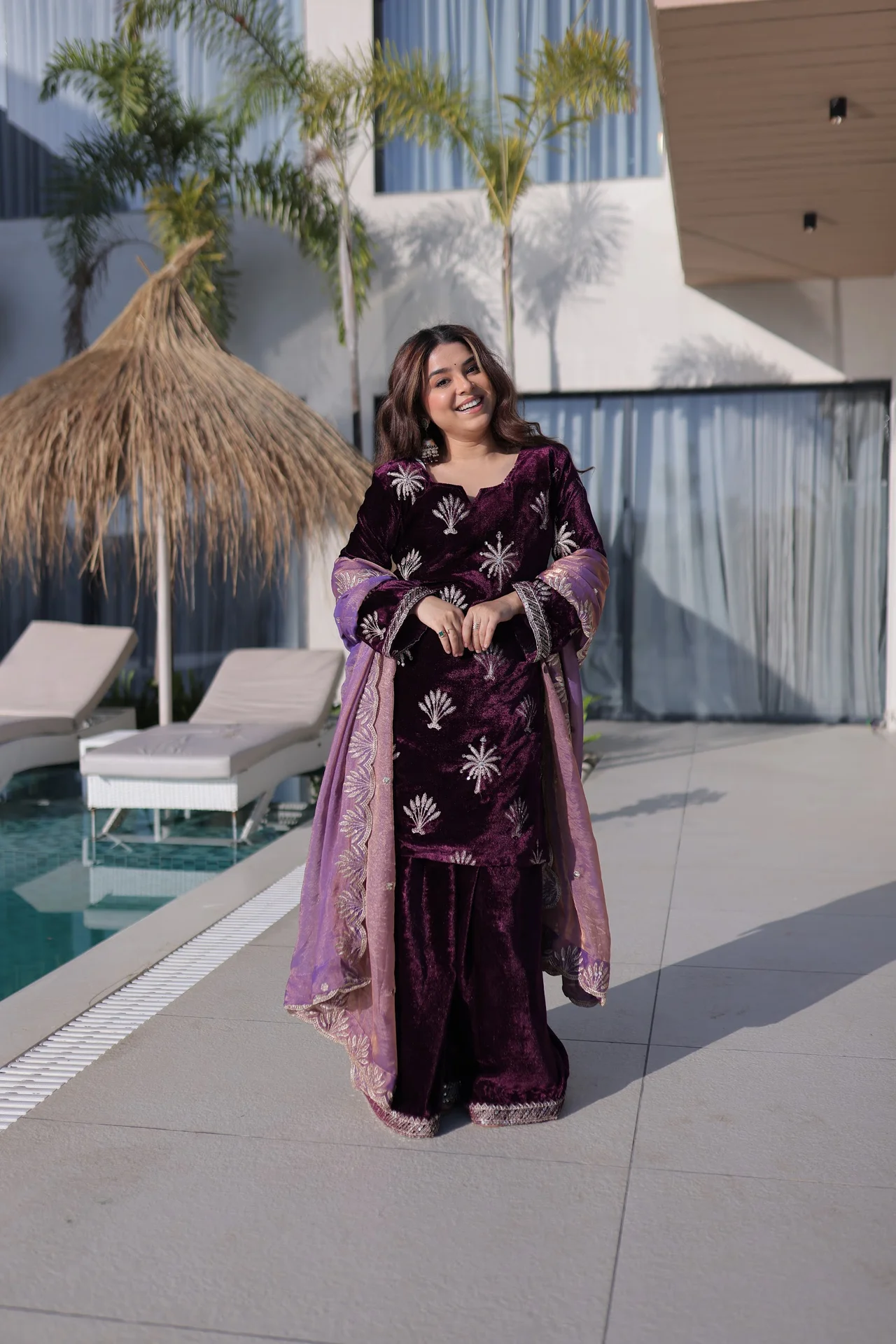 Women's Ice Velvet Kurta Set with Palazzo and Dupatta in Purple — photo 3 of 6