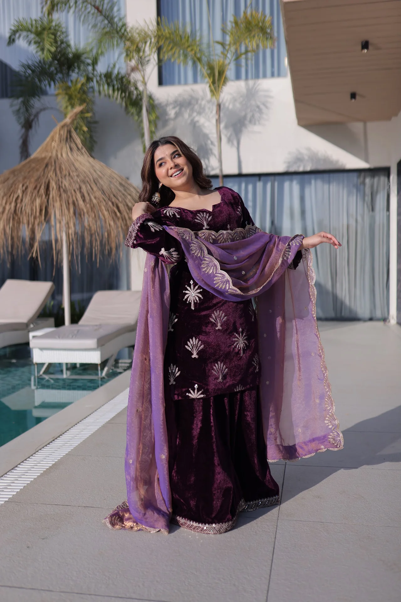Women's Ice Velvet Kurta Set with Palazzo and Dupatta in Purple — photo 4 of 6
