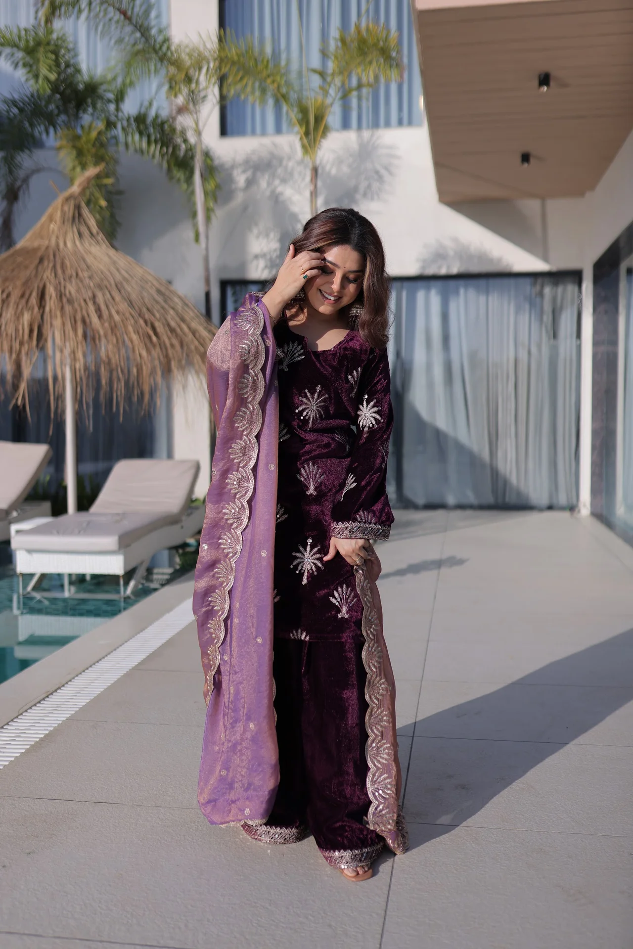 Women's Ice Velvet Kurta Set with Palazzo and Dupatta in Purple — photo 5 of 6