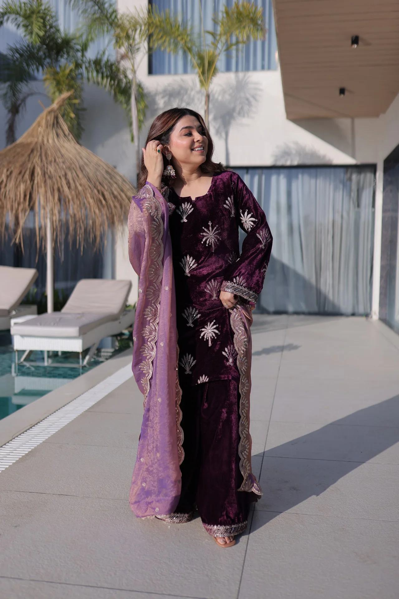Women's Ice Velvet Kurta Set with Palazzo and Dupatta in Purple — photo 6 of 6