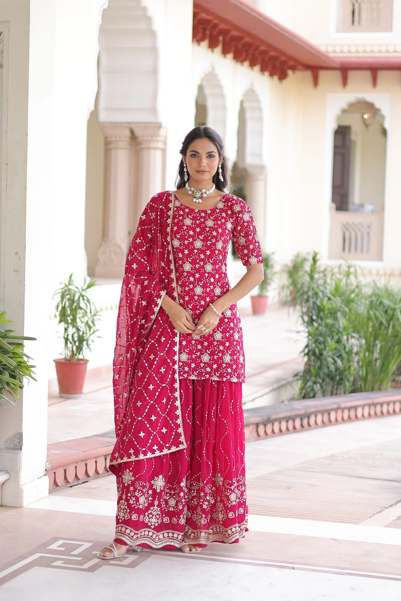 Women's Faux Georgette Sharara Set with Kurti, Sharara & Dupatta in Rani Pink — photo 2 of 5