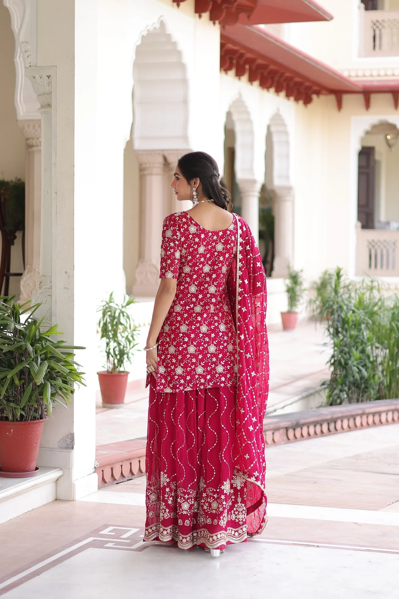 Women's Faux Georgette Sharara Set with Kurti, Sharara & Dupatta in Rani Pink — photo 3 of 5