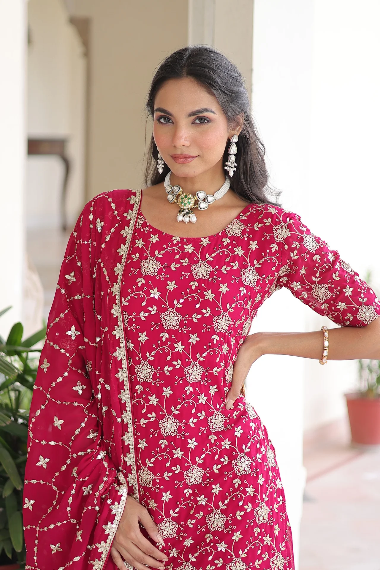 Women's Faux Georgette Sharara Set with Kurti, Sharara & Dupatta in Rani Pink — photo 4 of 5