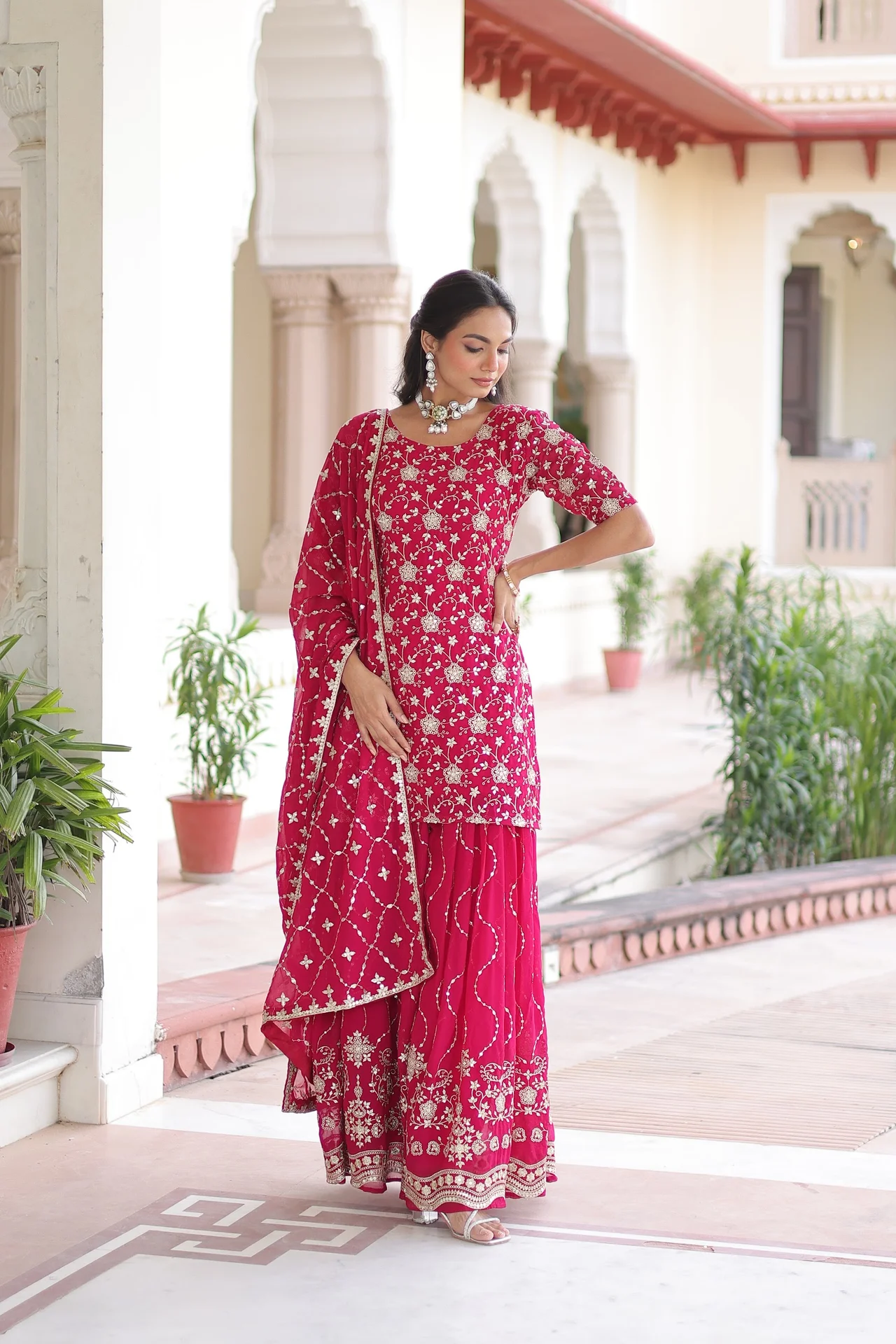 Women's Faux Georgette Sharara Set with Kurti, Sharara & Dupatta in Rani Pink — photo 5 of 5