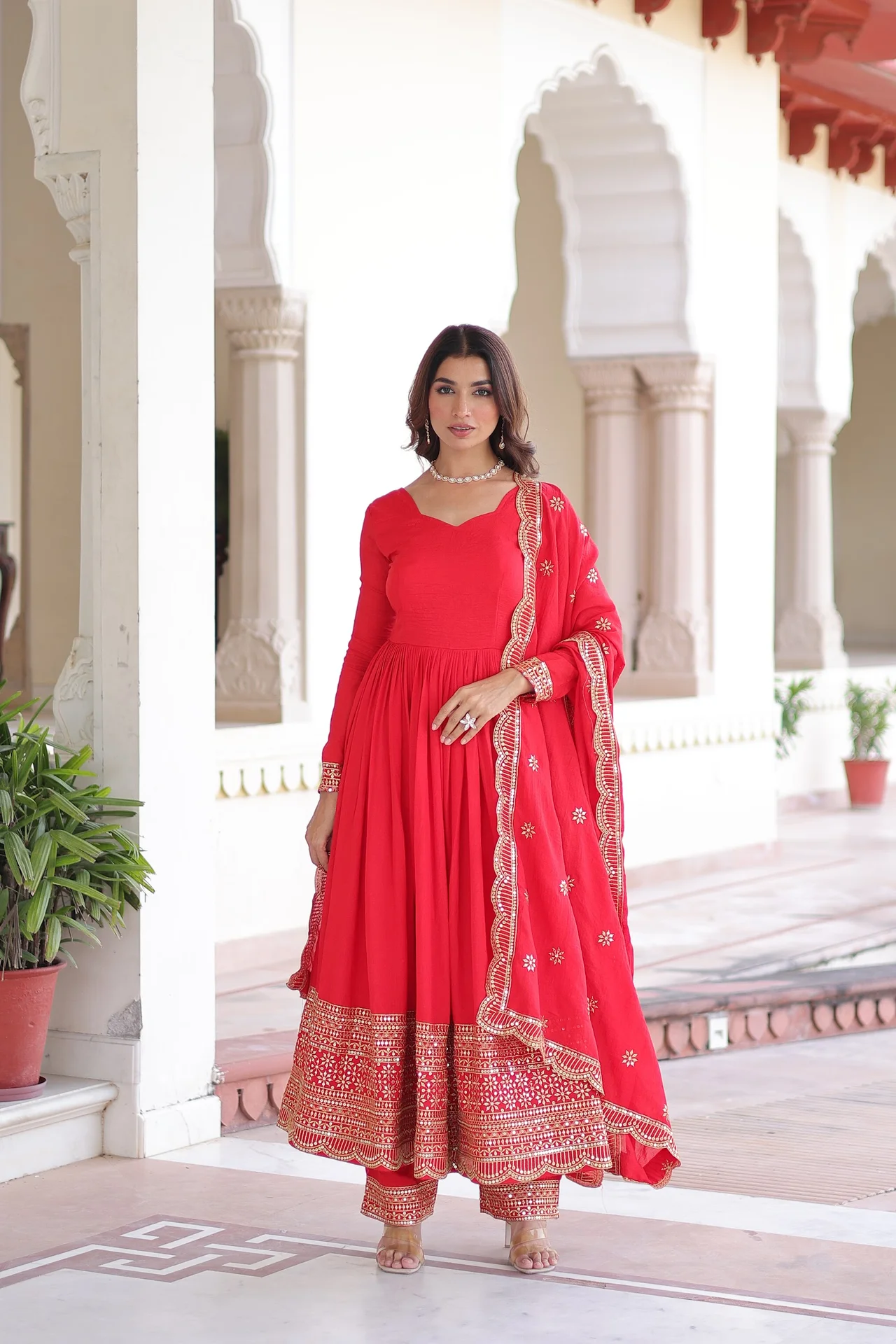 Women's Vichitra Silk Anarkali Gown Set with Pant & Dupatta in Red — photo 2 of 7