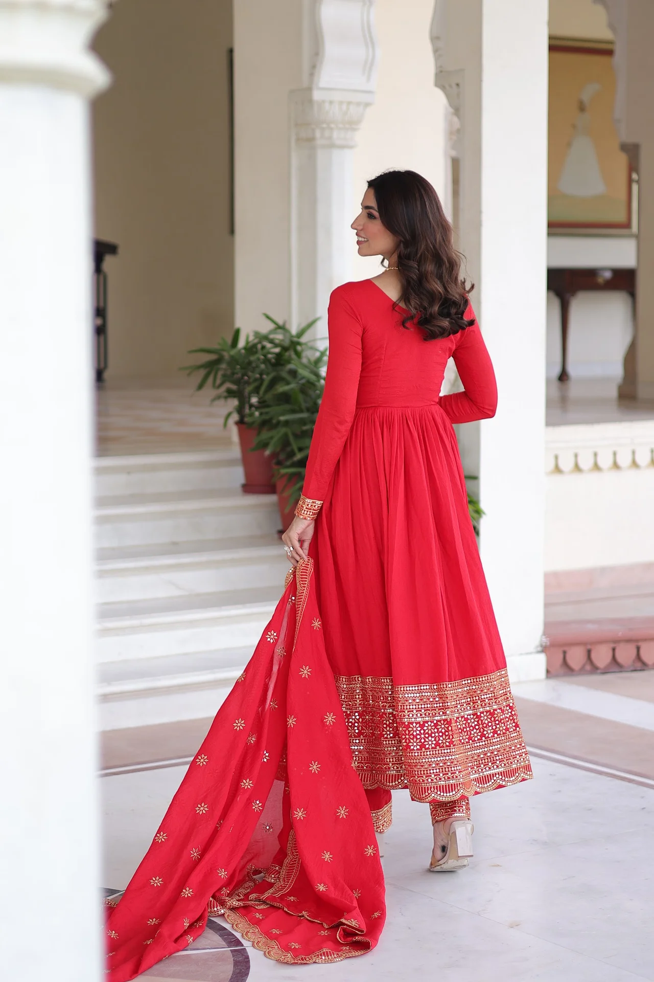 Women's Vichitra Silk Anarkali Gown Set with Pant & Dupatta in Red — photo 3 of 7