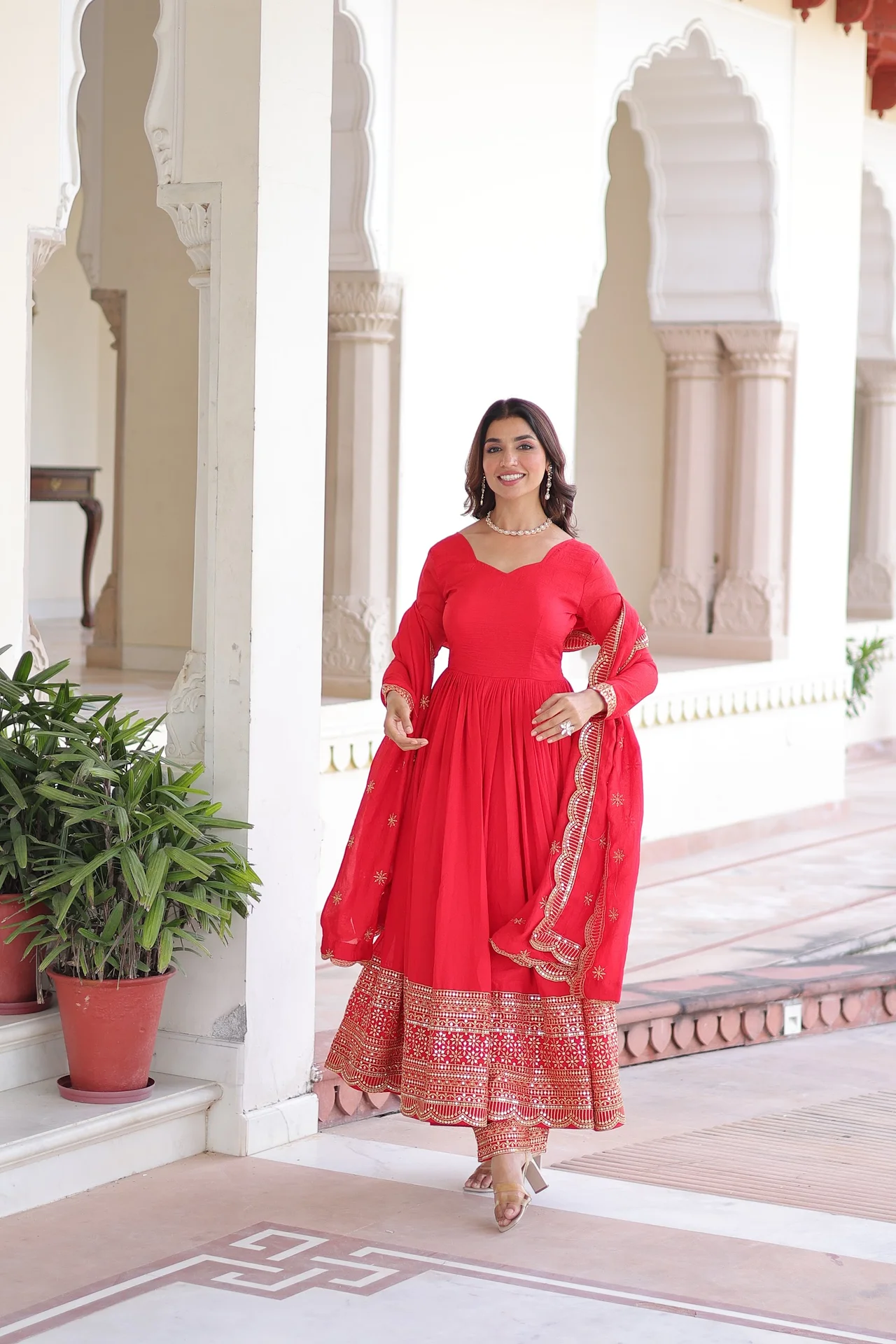 Women's Vichitra Silk Anarkali Gown Set with Pant & Dupatta in Red — photo 4 of 7